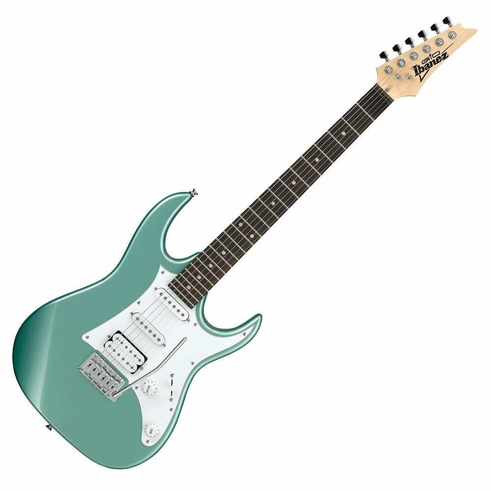 IBANEZ Gio GRX40 MGN エレキギターストラトタイプのシェイプにSSHのピックアップレイアウトを配したエントリーモデル。ブリッジにもスタンダードな物を採用しており入門者の方でもプレイや弦交換に手間どらずにお使い頂けます。【SPEC】・neck type：GRX neck Maple・top/back/body：Poplar body・fret：Medium frets・bridge：Ibanez T106 tremolo bridge・string space：10.5mm・neck pickup：Infinity RS (S) neck pickupPassive/Ceramic・middle pickup：Infinity RS (S) middle pickupPassive/Ceramic・bridge pickup：Infinity R (H) bridge pickupPassive/Ceramic・factory tuning：1E, 2B, 3G, 4D, 5A, 6E・hardware color：Chrome・color：MGN：Metallic Light Greenソフトケース付属　