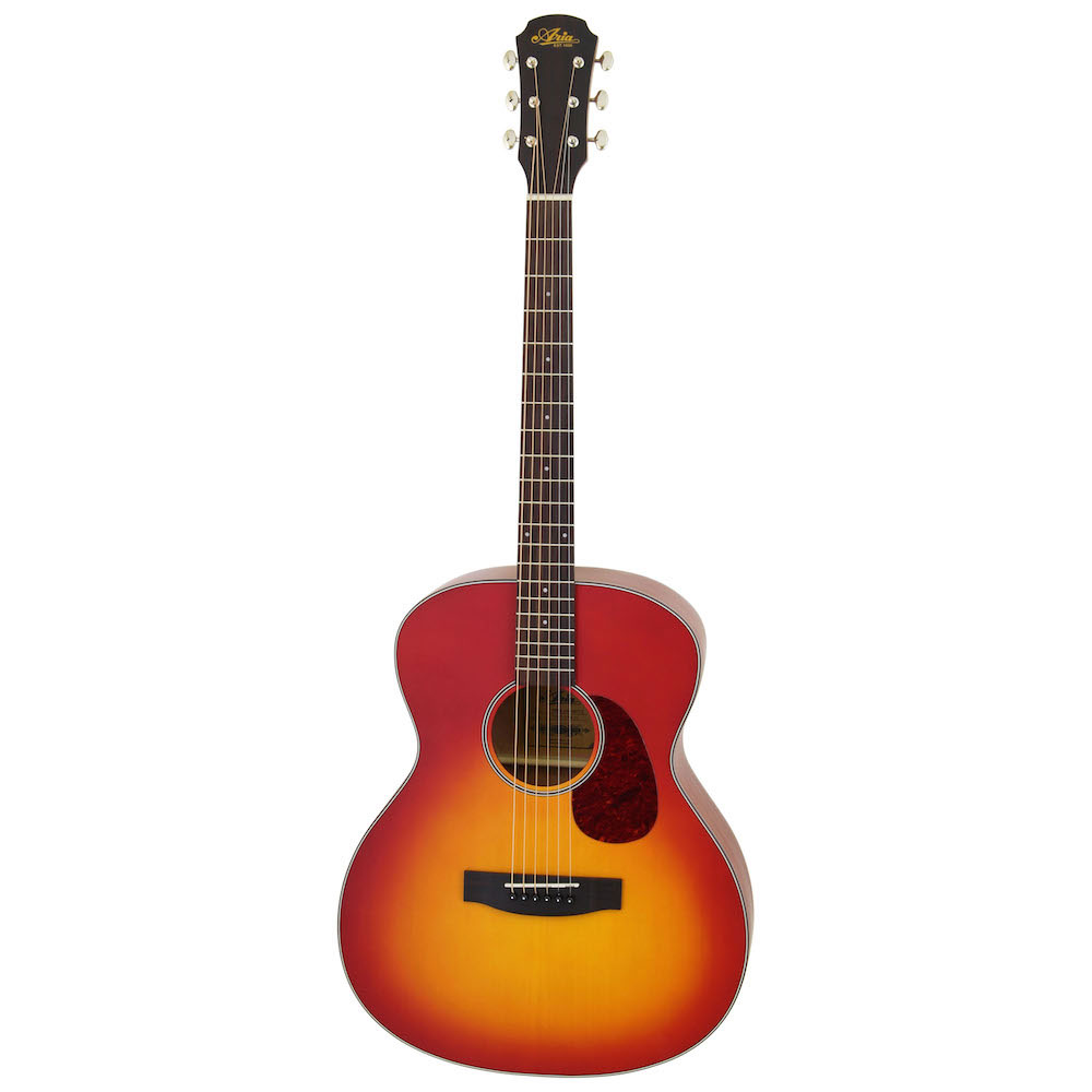 ARIA Aria-101 Auditorium MTCS アコースティックギタートップにスプルース、バック＆サイドにサペリを採用。全体を艶消し塗装で仕上げたアコースティックギターです。入門モデルとしても最適です。OOO（トリプルオー）オーディトリアムモデルTop：SpruceBack ＆ Sides：SapeleNeck：MahoganyFingerboard：RosewoodNut width：43mmScale：650mmFrets：20FBridge：RosewoodHardware：ChromeFinish：MTCS (Cherry Sunburst、Matt)　