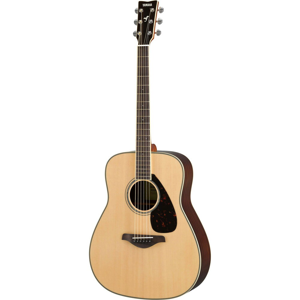 ヤマハ YAMAHA FG830 NT アコースティックギター裏・側板にローズウッドを採用。芯のある明快なサウンドに長めのサスティンが加わり、音の深みが増しました。サウンドホールにアバロン貝を施し、高級感溢れる個性的な外観にまとめました。【特徴】・トラッドウェスタンのボディシェイプ・表板はスプルース単板・裏・側板はローズウッド・新開発スキャロップドブレイシングによる豊かな響き■新開発スキャロップドブレイシングヤマハギターチームが新しく開発した木工加工技術により、中低音域における音量を強化し、パワフルなサウンドを実現。設計者たちは、過去の経験や推測に基づいた開発ではなく、音の実験、解析をとことん行い、科学的に音の進化を解明。その解析から新たなデザインのブレイシングに到達し、音の肝である表板の耐久性を維持しながら、かつてない表現力をもった音を生み出しました。■ローズウッド採用裏側板にローズウッドを採用。長めのサスティンが魅力。深みのある低音と明るい高音を実現。【主な仕様】胴型：トラッドウェスタンタイプ胴長：505mm胴幅（最大幅）：412mm胴厚：100〜118mm弦長：650mm全長：1038mm指板幅(上駒部)：43mm指板幅(胴接合部)：55mm表板：スプルース単板ブレーシング形状：スキャロップドブレイシング裏板：ローズウッド側板：ローズウッド棹：ナトー指板：ローズウッド下駒：ローズウッド糸巻：ダイキャスト・クローム(TM29T)上駒：ユリアピックガード：べっ甲柄下駒枕：ユリア塗装：グロス仕上げプリアンプ：-ピックアップ：-カラー：ナチュラル(NT)　