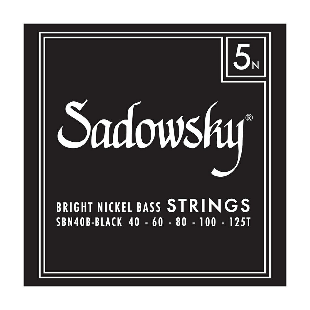 SADOWSKY SBN40B Black ブラックラベル 5弦ベース弦※メーカーによる予告無き仕様変更により、掲載画像とパッケージデザインが異なる場合がございますので、予めご了承くださいませ。明るいサウンドとやや強めのテンション感を持ったブライトニッケル弦。ステンレス弦より暖かみがあり、他のニッケル弦よりも明るいサウンドが得られるようになっており、ステンレスよりもスムーズな質感を持っています。ゲージ：40-60-80-100-125T