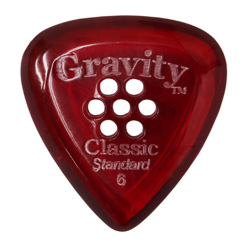 GRAVITY GUITAR PICKS Classic -Standard Multi-Hole- GCLS6PM 6.0mm Red ギターピックグラビティギターピックは、ハンドメイドでピックを製作するアメリカのブランド。アクリル素材を職人の手によりひとつひとつ丁寧に加工され作られるピックは、美しく磨き上げられ、手に馴染む使い心地と、スムースな演奏性、すばらしいトーンを生み出します。アクリルを使用し独特のエッジデザインを採用する事で、速くラウドなプレイにも対応。一般的なピックに比べ耐久性も高く、同じトーン、同じ演奏性で長期間使用できるのも特徴です。シェイプ：Classic Standard Multi-Holeゲージ：6.0mmカラー：Red