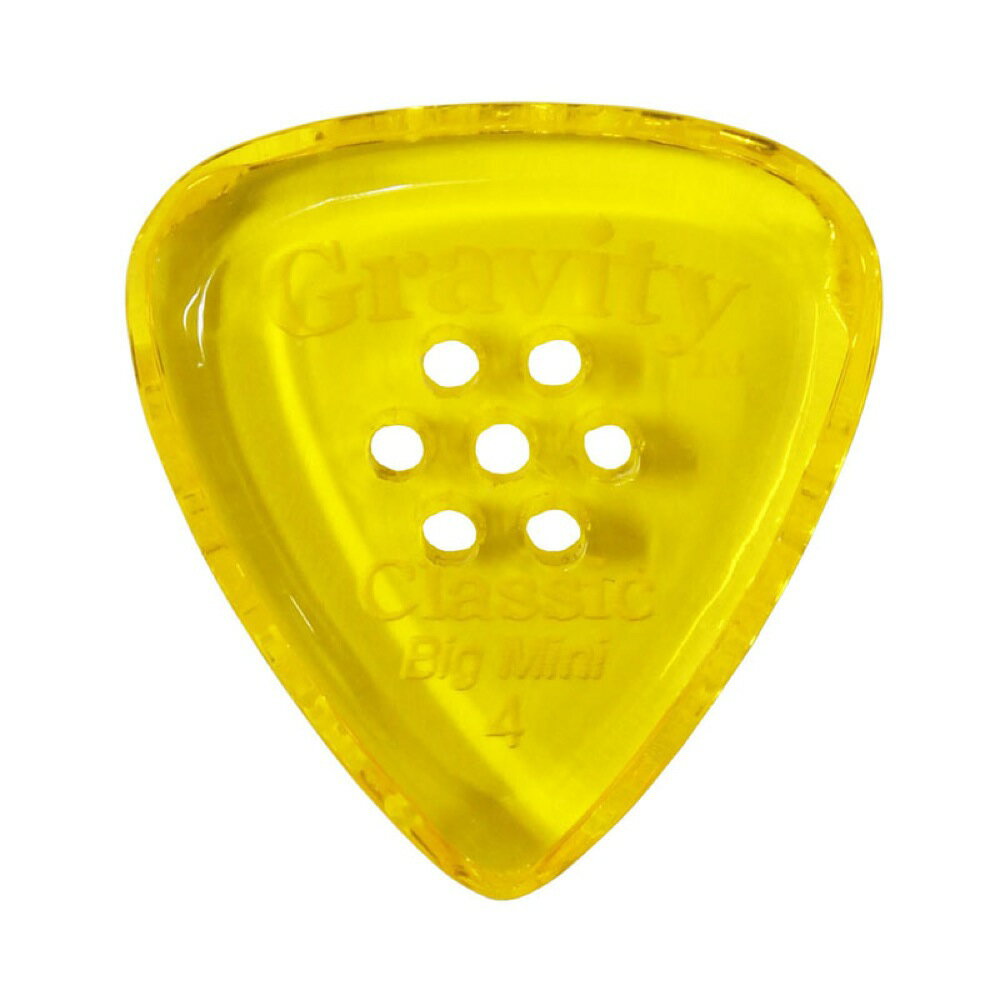 GRAVITY GUITAR PICKS Classic -Big Mini Multi-Hole- GCLB4PM 4.0mm Yellow ギターピックグラビティギターピックは、ハンドメイドでピックを製作するアメリカのブランド。アクリル素材を職人の手によりひとつひとつ丁寧に加工され作られるピックは、美しく磨き上げられ、手に馴染む使い心地と、スムースな演奏性、すばらしいトーンを生み出します。アクリルを使用し独特のエッジデザインを採用する事で、速くラウドなプレイにも対応。一般的なピックに比べ耐久性も高く、同じトーン、同じ演奏性で長期間使用できるのも特徴です。シェイプ：Classic Big Mini Multi-Holeゲージ：4.0mmカラー：Yellow