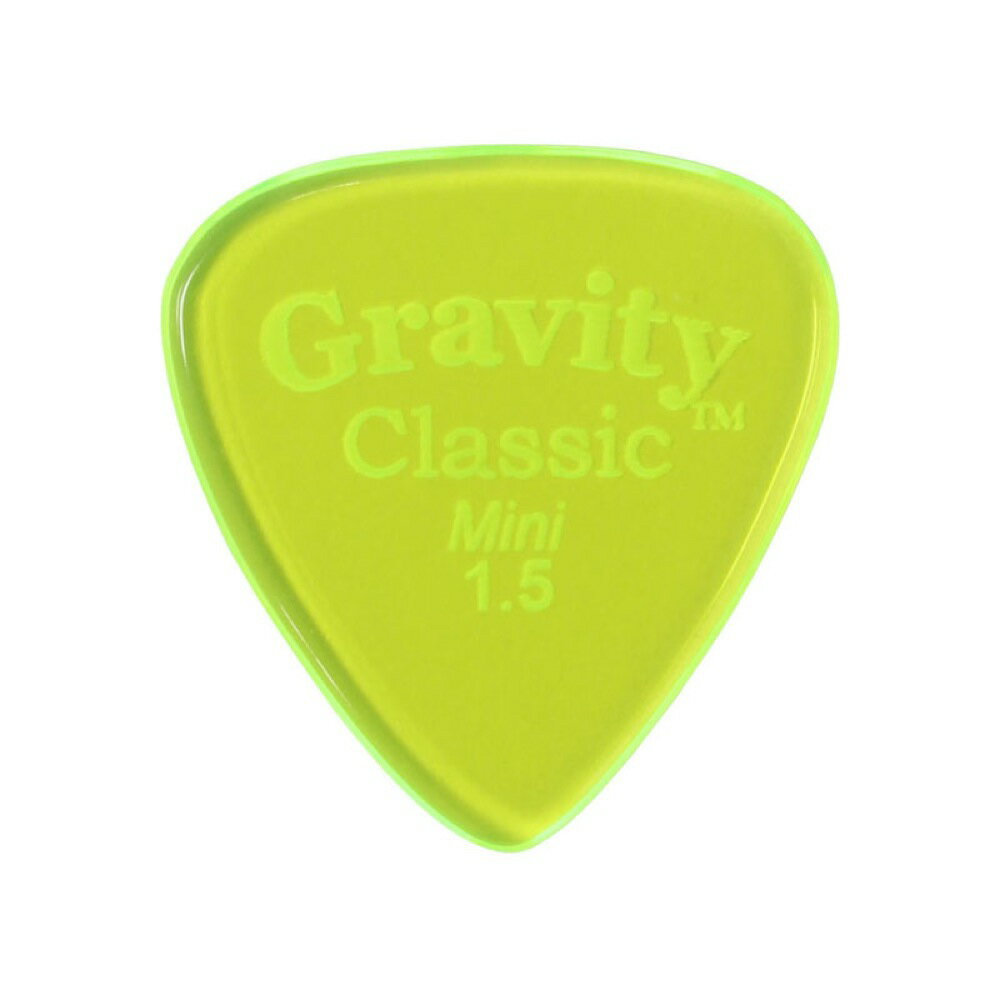 GRAVITY GUITAR PICKS Classic -Mini- GCLM15P 1.5mm Fluorescent Green ギターピックグラビティギターピックは、ハンドメイドでピックを製作するアメリカのブランド。アクリル素材を職人の手によりひとつひとつ丁寧に加工され作られるピックは、美しく磨き上げられ、手に馴染む使い心地と、スムースな演奏性、すばらしいトーンを生み出します。アクリルを使用し独特のエッジデザインを採用する事で、速くラウドなプレイにも対応。一般的なピックに比べ耐久性も高く、同じトーン、同じ演奏性で長期間使用できるのも特徴です。シェイプ：Classic Mini(JAZZ)ゲージ：1.5mmカラー：Fluorescent Green