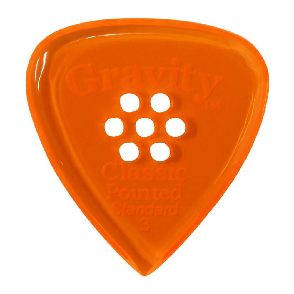 GRAVITY GUITAR PICKS Classic Pointed -Standard Multi-Hole- GCPS3PM 3.0mm Orange ギターピックグラビティギターピックは、ハンドメイドでピックを製作するアメリカのブランド。アクリル素材を職人の手によりひとつひとつ丁寧に加工され作られるピックは、美しく磨き上げられ、手に馴染む使い心地と、スムースな演奏性、すばらしいトーンを生み出します。アクリルを使用し独特のエッジデザインを採用する事で、速くラウドなプレイにも対応。一般的なピックに比べ耐久性も高く、同じトーン、同じ演奏性で長期間使用できるのも特徴です。シェイプ：Classic Pointed Standard Multi-Holeゲージ：3.0mmカラー：Orange