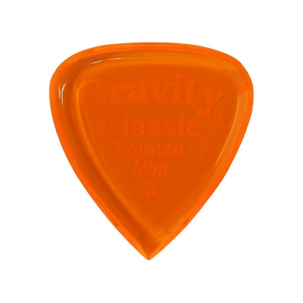 GRAVITY GUITAR PICKS Classic Pointed -Mini- GCPM3P 3.0mm Orange ピックグラビティギターピックは、ハンドメイドでピックを製作するアメリカのブランド。アクリル素材を職人の手によりひとつひとつ丁寧に加工され作られるピックは、美しく磨き上げられ、手に馴染む使い心地と、スムースな演奏性、すばらしいトーンを生み出します。アクリルを使用し独特のエッジデザインを採用する事で、速くラウドなプレイにも対応。一般的なピックに比べ耐久性も高く、同じトーン、同じ演奏性で長期間使用できるのも特徴です。シェイプ：Classic Pointed Mini(JAZZ)ゲージ：3.0mmカラー：Orange