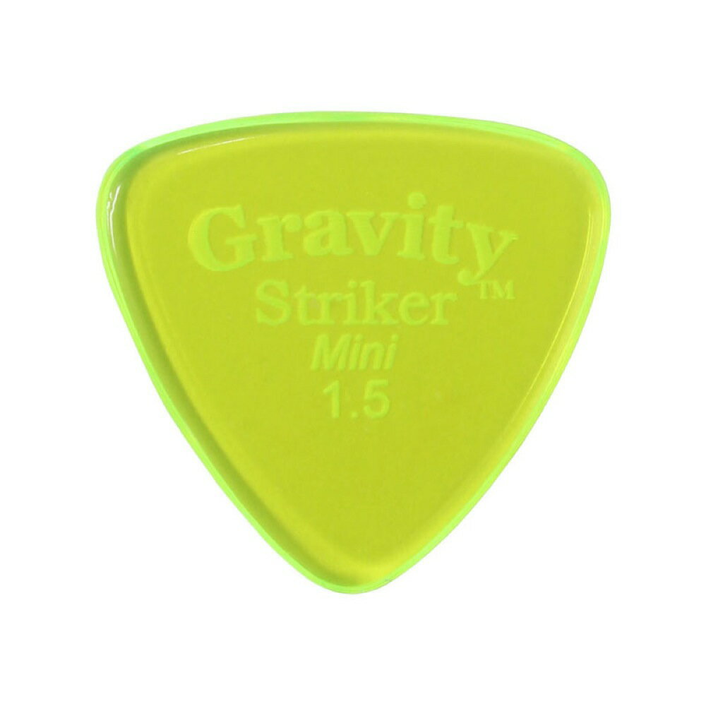 GRAVITY GUITAR PICKS Striker -Mini- GSRM15P 1.5mm Fluorescent Green ギターピックグラビティギターピックは、ハンドメイドでピックを製作するアメリカのブランド。アクリル素材を職人の手によりひとつひとつ丁寧に加工され作られるピックは、美しく磨き上げられ、手に馴染む使い心地と、スムースな演奏性、すばらしいトーンを生み出します。アクリルを使用し独特のエッジデザインを採用する事で、速くラウドなプレイにも対応。一般的なピックに比べ耐久性も高く、同じトーン、同じ演奏性で長期間使用できるのも特徴です。シェイプ：Striker Mini(JAZZ)ゲージ：1.5mmカラー：Fluorescent Green