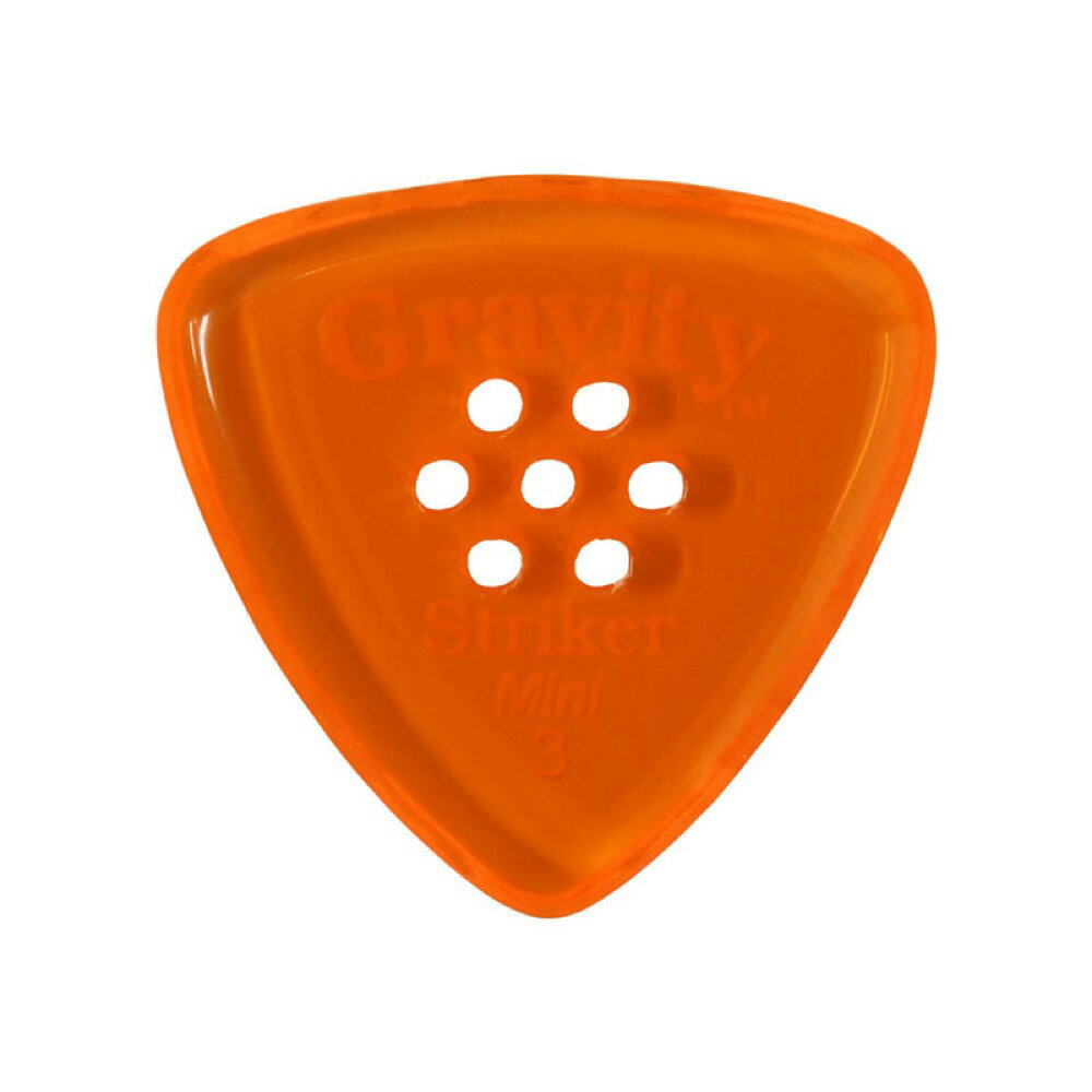 GRAVITY GUITAR PICKS Striker -Mini Multi-Hole- GSRM3PM 3.0mm Orange ギターピックグラビティギターピックは、ハンドメイドでピックを製作するアメリカのブランド。アクリル素材を職人の手によりひとつひとつ丁寧に加工され作られるピックは、美しく磨き上げられ、手に馴染む使い心地と、スムースな演奏性、すばらしいトーンを生み出します。アクリルを使用し独特のエッジデザインを採用する事で、速くラウドなプレイにも対応。一般的なピックに比べ耐久性も高く、同じトーン、同じ演奏性で長期間使用できるのも特徴です。シェイプ：Striker Mini(JAZZ) Multi-Holeゲージ：3.0mmカラー：Orange