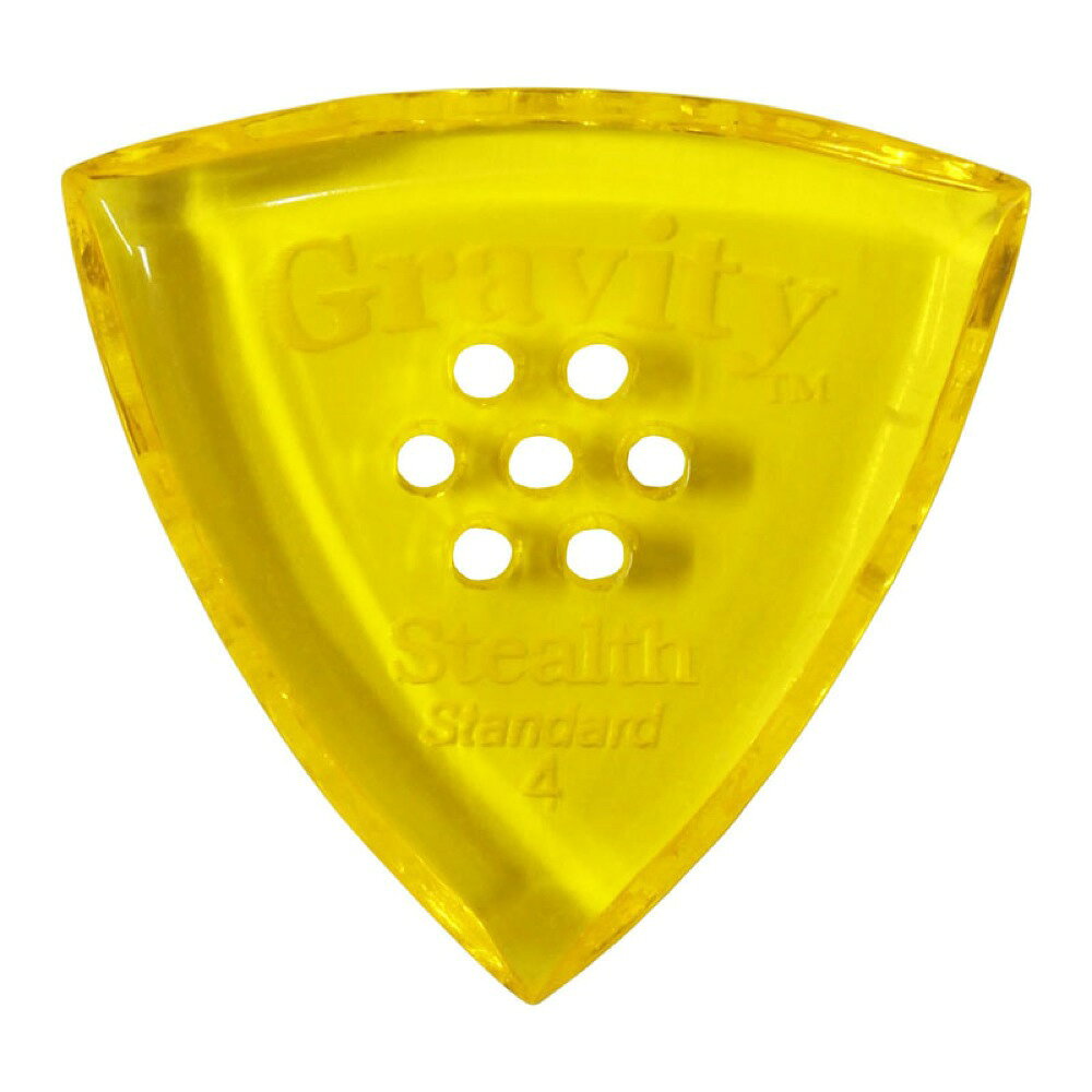 GRAVITY GUITAR PICKS Stealth -Standard Multi-Hole- GSSS4PM 4.0mm Yellow ギターピックグラビティギターピックは、ハンドメイドでピックを製作するアメリカのブランド。アクリル素材を職人の手によりひとつひとつ丁寧に加工され作られるピックは、美しく磨き上げられ、手に馴染む使い心地と、スムースな演奏性、すばらしいトーンを生み出します。アクリルを使用し独特のエッジデザインを採用する事で、速くラウドなプレイにも対応。一般的なピックに比べ耐久性も高く、同じトーン、同じ演奏性で長期間使用できるのも特徴です。シェイプ：Stealth Standard Multi-Holeゲージ：4.0mmカラー：Yellow