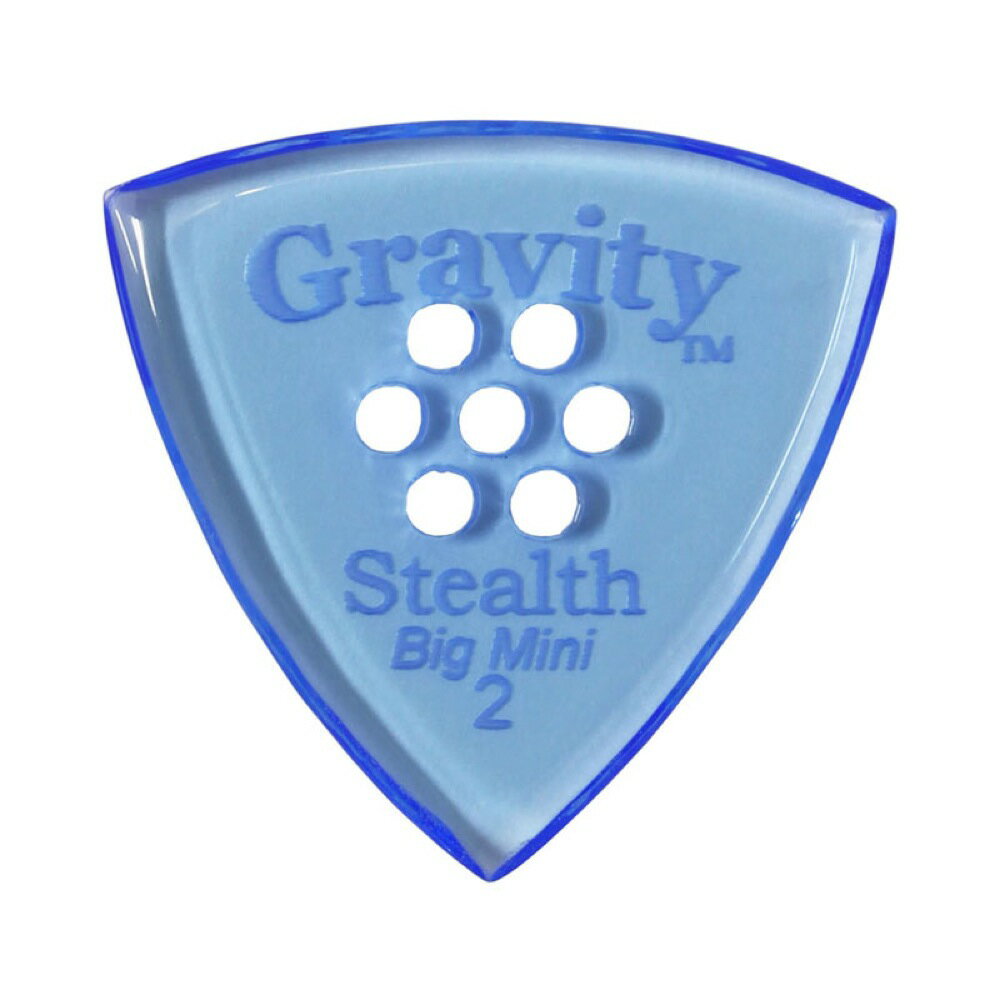 GRAVITY GUITAR PICKS Stealth -Big Mini Multi-Hole- GSSB2PM 2.0mm Blue ギターピックグラビティギターピックは、ハンドメイドでピックを製作するアメリカのブランド。アクリル素材を職人の手によりひとつひとつ丁寧に加工され作られるピックは、美しく磨き上げられ、手に馴染む使い心地と、スムースな演奏性、すばらしいトーンを生み出します。アクリルを使用し独特のエッジデザインを採用する事で、速くラウドなプレイにも対応。一般的なピックに比べ耐久性も高く、同じトーン、同じ演奏性で長期間使用できるのも特徴です。シェイプ：Stealth Big Mini Multi-Holeゲージ：2.0mmカラー：Blue