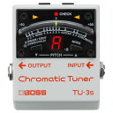 BOSS TU-3S Chromatic Tuner コンパクトチューナー世界標準のチューニングをよりコンパクトにBOSS のロングセラー・チューナー”TU-3”は、その耐久性とチューニングに対する信頼性の高さから世界中のギタリストの足元をサポートし続けています。そのTU-3 の精度や視認性の高さはそのままに、大幅な小型化を実現したのがこのTU-3S です。スイッチング・システムを使用したペダルボードを組む場合、各ペダルのON/OFF ペダル・スイッチは不要となります。TU-3S はそのペダル・スイッチを取り去り、代わりに何より大事な省スペース性を高めました。BOSS ES-5やES-8 と組み合わせることにより、ペダルボードのスペースを有効に活用したフレキシブルなレイアウトが可能です。定評あるTU-3 のチューニング機能をコンパクト・サイズに凝縮。21 セグメントのLED メーターにより、高い視認性を確保。高輝度モードを搭載しており、屋外での使用にも対応。チューニングの完了を視覚的に知らせてくれる、アキュピッチ機能。クロマチック・モードとギター/ベース・モードを備え、7 弦ギターや6 弦ベースにも対応可能。ギター・フラット・モードでは、標準ピッチから6 半音下げたドロップ・チューニングまでサポート。オプションのPSA アダプターにより駆動。DC 出力ジャックからオプションのPCS-20A を使用することで、BOSS コンパクト・エフェクト・ペダルに電源を分配供給可能。安心の長期5年保証。測定範囲 C0（16.35Hz）〜C8（4,186Hz）基準ピッチ A4 ＝ 436〜445Hz （1Hzステップ）内部測定精度 ±1セント動作モード クロマチック クロマチック・フラット×2 ギター ギター・フラット×2 ベース ベース・フラット×3表示モード セントモード ストリームモード電源 ACアダプター（別売）消費電流 35mA（DC9V） 95mA（DC9V、高輝度モード・オン時）バイパス バッファードコントロール MODEボタン STREAM/CENTボタン規定入力レベル -20dBu入力インピーダンス 1MΩ規定出力レベル -20dBu出力インピーダンス 1kΩ推奨負荷インピーダンス 10kΩ以上インジケーター CHECKインジケーター（通電チェック兼用）接続端子 INPUT端子 OUTPUT端子 DC IN端子 DC OUT端子付属品 保証書 チラシ（安全上のご注意、使用上のご注意、サービスの窓口） パラレルDCコード（DCプラグ×2） ゴム足別売品 ACアダプター：PSA-100 パラレルDCコード：PCS-20A（DCプラグ×8）