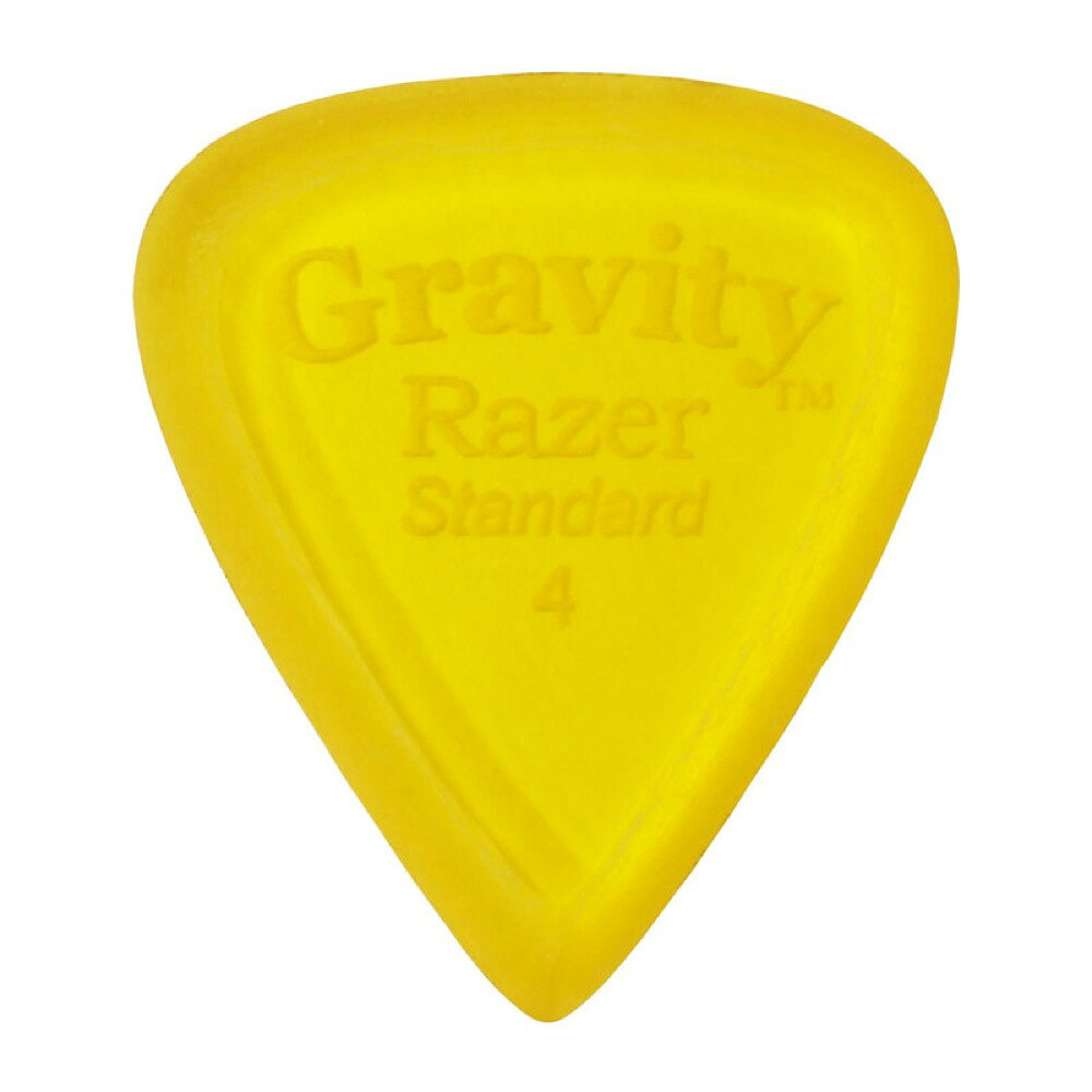 GRAVITY GUITAR PICKS Razer -Standard Master Finish- GRAS4M 4.0mm Yellow ギターピックグラビティギターピックは、ハンドメイドでピックを製作するアメリカのブランド。アクリル素材を職人の手によりひとつひとつ丁寧に加工され作られるピックは、美しく磨き上げられ、手に馴染む使い心地と、スムースな演奏性、すばらしいトーンを生み出します。アクリルを使用し独特のエッジデザインを採用する事で、速くラウドなプレイにも対応。一般的なピックに比べ耐久性も高く、同じトーン、同じ演奏性で長期間使用できるのも特徴です。Master Finish(Unpolished)ピックのエッジをあえて磨き上げず、そのままの状態で仕上げられるマスターフィニッシュ。弦を滑らかに滑るポリッシュ仕上げに比べ、若干の手応えを感じる弾き心地と、よりブライトなサウンドを生み出します。シェイプ：Razer Standard Master Finish(Unpolished)ゲージ：4.0mmカラー：Yellow