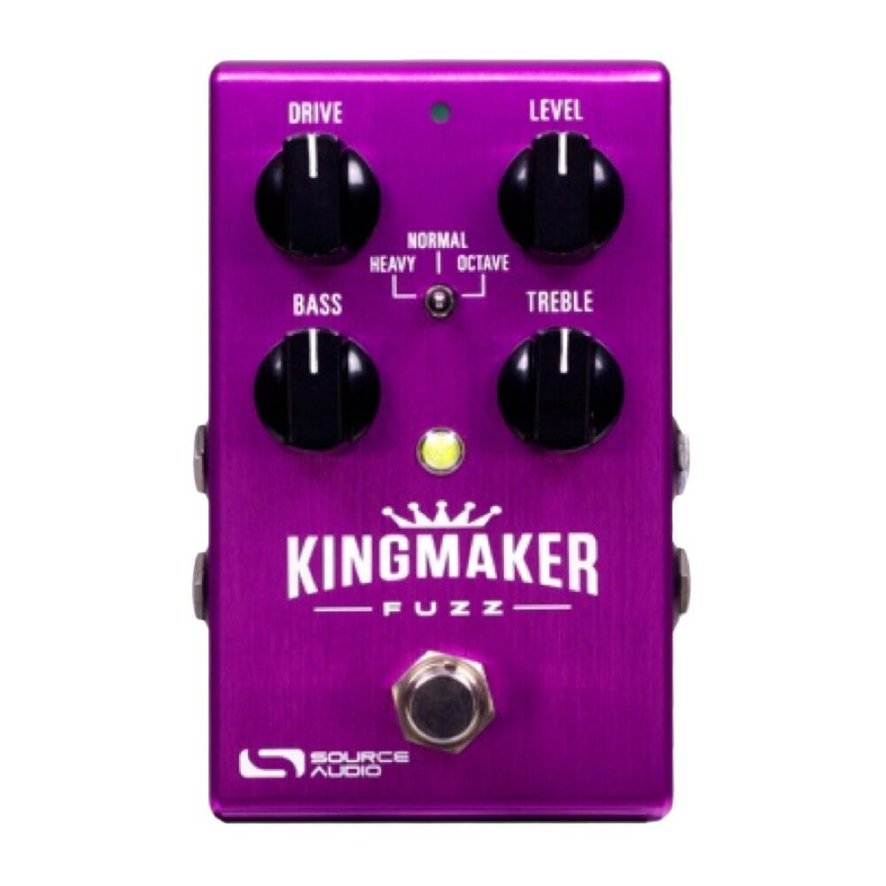 Source Audio SA245 Kingmaker Fuzz ギターエフェクターオールマイティー・ファズペダルに包まれたベールの下は、FuzzのKingに導く勇士参上！Kingmaker Fuzzは、オーソドックスなファズ・エフェクトと、エディターによりアクセスした豊富なパラメーター群を操作することで、多彩なサウンドを本体のデフォルトサウンドに追加できる新世代ペダルです。Neuro AppもしくはHub Manager(Source Audio SA164 Hub v1が別途必要になります)により、dry / wetの調整に留まらず、4種類のパラEQ、ノブに対する機能のアサイン、ノイズリダクション、ルーティングの設定による2つのエフェクトの直列 / 並列化など、豊富なパラメーター群を下図のように操作することが可能です。また、Soundblox Hub(別売)とのコンビネーションは、Kingmaker Fuzzのプリセットエリアを128まで拡張し、MIDIコントローラブル・ファズへと変貌させます。デフォルトでは3種類のファズ・エフェクトを搭載。"HEAVY"はパンチの効いた豊富なローエンドと、まるでヴァイオリンのようなロングサスティンを特徴としたモードです。"NORMAL"はピッキングの強弱に合わせて、歪みのニュアンスをしっかりと表現するレスポンシブなファズ・サウンドを特徴としたモードです。"OCTAVE"は、オクターブ・ファズの代名詞とも言えるヴィンテージ“Octavio”を彷彿とさせるモードです。今尚息づくファズ・エフェクトと、現代的なテクノロジーの長きに渡る研究の末に創造されたKingmaker Fuzzは、他のファズペダルの追随を許しません。Featureデフォルトでは3種類のオーソドックスなファズ・エフェクトを搭載。モバイルアプリ、Neuro Appにより、様々な追加機能を利用できます。Source Audioのエクスプレッションペダルと、Hot Hand3に対応しています。Neuro AppNeuro Appは無料ダウンロード可能なiOSもしくはAndroid用アプリケーションです。Neuro AppはKingmaker Fuzzのノブではアクセスできないパラメータにアクセスできます。Neuro Appを使うためには、同梱されている3.5mm-1/4” TRSケーブルを、モバイル・デバイスのヘッドフォンジャックからinput2へ接続して下さい。Neuro Appを使う際、iOS/Androidデバイスのヘッドフォン・ボリュームはMAXに設定して下さい。Kingmaker FuzzではNeuro Appを用いることで以下の機能が利用できます。Source Audioから順次公開されるディストーション / ファズ・エフェクトを無料でダウンロード、利用できます。ルーティングオプションにより、2タイプのエフェクトを直列/並列として扱う事が可能です。バッファードバイパスとトゥルーバイパス、お好きな方を選択できます。作成したエフェクトは、プリセットとして保存でき、またNeuroのユーザーコミュニティーへシェアすることが可能です。Source Audioのライブラリから、フリーのエフェクトプリセットを探し、ダウンロードできます。モバイル側のヘッドフォンジャックと、Kingmaker Fuzz側のStereo Input2をケーブルで接続するだけでNeuro Appは使用できます。Neuro Appのコネクターケーブル(1/8"と1/4")はKingmaker Fuzzに同梱されています。