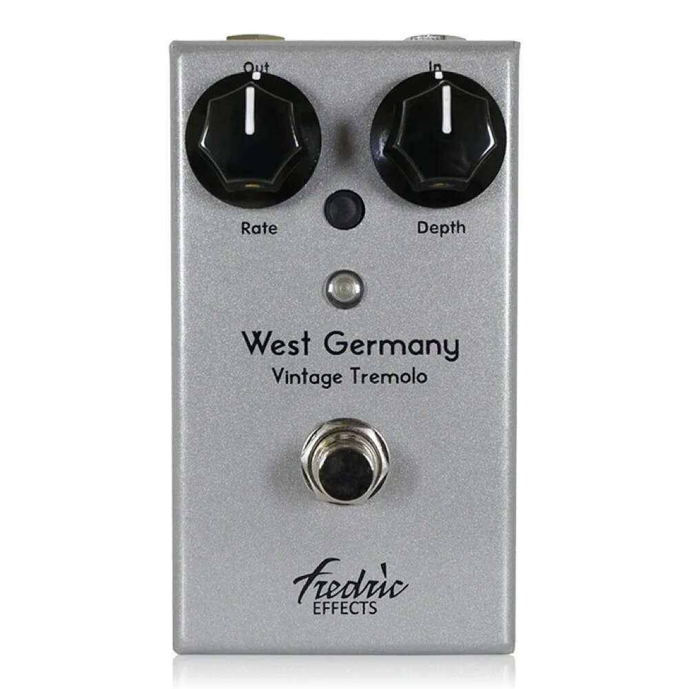 Fredric Effects West Germany Vintage Tremolo ギターエフェクターFredric Effects West Germany Vintage Tremoloは、クラシックな西ドイツ製“TR-68”トレモロを新たに制作したトレモロペダルです。コンパクトでスタンダードな筐体に、トレモロスピードを表示するフラッシュLED、さらに扱いやすいDepthコントロールを追加し、現代的な操作感のペダルに昇華しました。暖かでスムースな波形は、ヴィンテージアメリカンアンプのトレモロを思わせるサウンドです。・Fredric Effectsのために北ロンドンで作られたカスタム筐体・プロフェッショナルパワーコーティングとスクリーンプリント・PCBマウント・ハンドメイド・Cliffジャック・Alphaフットスイッチ・ポット・センターマイナスDC9Vアダプター、または9V電池で駆動※駆動には必ずレギュレートされたDC9Vアダプターをお使いください。
