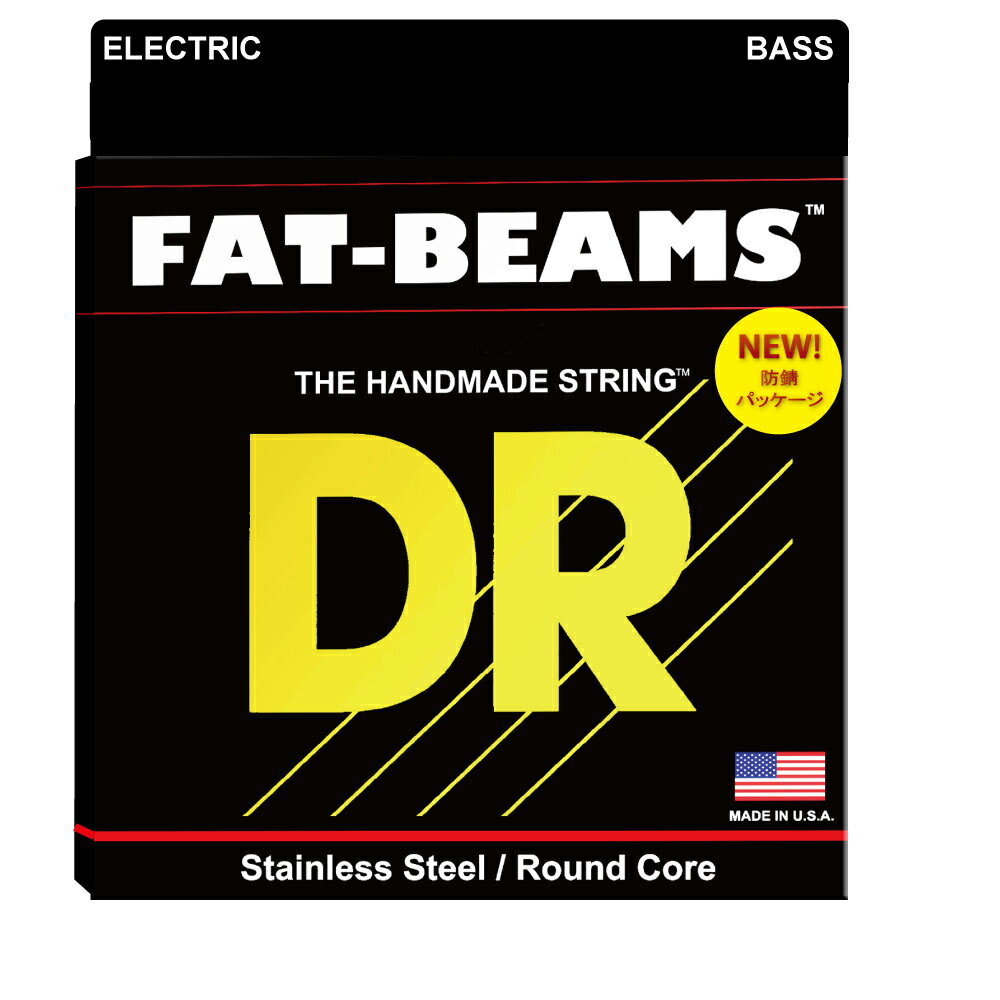 DR FAT-BEAMS FB-45 MEDIUM FB-45 エレキベース弦※画像はサンプルです。詳しくは商品説明をご覧下さい。ファットビームシリーズは、しなやかで素晴らしいサウンドを実現しました。ファットなMID とブライトなHIそして粒立ちの良いサウンドが特徴です。 DRの伝統技術と独自のコンプレッションワウンド法、最高のアメリカ産素材を用い、ラウンドコア材にステンレス材がハンドワウンドされたシリーズです。ゲージ45-65-85-105