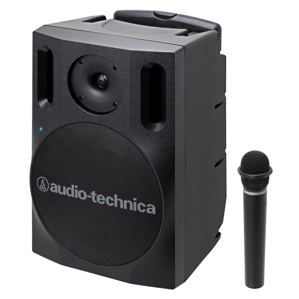 AUDIO-TECHNICA ATW-SP1920/MIC デジタルワイヤレスアンプシステム マイク付属電波干渉が少ない1.9GHz帯デジタル方式を採用。ワイヤレスマイクが2本使える高出力モデル。◆1.9GHz帯DECT準拠方式＊を採用。ほかの電波の影響を受けにくい無線方式で安定したワイヤレス通信を行ないます。＊DECT(Digital Enhanced Cordless Telecommunications) デジタルコードレス電話の通信規格◆通信の途切れに強いダイバーシティ方式。スピーカー、トランスミッターともにアンテナを2本搭載。受信状態の良い方のアンテナを自動選択するため、途切れにくい通信が可能です。◆デジタルアンプ＋ハウリングキャンセル回路によりクリアな音質。オーディオテクニカ社従来品より聴き取りやすさを大幅に向上。耳障りなハウリングも抑えます。◆本体を軽量化し、持ち運びやすさを追求。オーディオテクニカ社従来品より約30%の軽量化しました(ATW-SP808との比較時)。◆キャリーハンドルとキャスターを搭載。ポータビリティ性と機動性を向上させました。◆一度ペアリングすれば再ペアリング不要。送信機とレシーバーを一度ペアリングすればOK。再起動後もすぐに使えます。・ATW-SP1920/MICは工場出荷時にペアリング済みのため初回のペアリングは不要です。※ATW-SP1920/MICは、ATW-SP1920にワイヤレスマイクロホン ATW-T190MICを付属したものです。付属のワイヤレスマイクロホンは電池とマイクホルダーは別売です。※ラジオを接続しないでください。ラジオの音声にノイズが入ることがあります。【テクニカルデータ】■ATW-SP1920：ワイヤレスアンプ・電源：DC12V(付属のACアダプターを使用)・消費電力：27W(定格出力時)・再生周波数範囲：110 20,000Hz・使用温度範囲：5 45℃・外形寸法：H422.5×W277×D271.6mm(ハンドル収納時)・質量：約6.5kg●ワイヤレス部・使用周波数：1895.616 1902.528MHz・無線方式：1.9GHz DECT準拠方式・周波数特性：100 10,000Hz・受信数：2チャンネル・アンテナ：内蔵アンテナ(ダイバーシティ)・通信距離：約50m(見通し時、妨害電波がない場合)●アンプ・スピーカー部・最大出力：18W・定格歪率：2%以下・入力インピーダンス：マイク(有線 φ6.3mmモノラル)1/2　1kΩ：マイク(有線 XLRバランス)1/2　10kΩ：外部入力　47kΩ・S/N比：65dB以上(外部入力端子)・エンクロージャー型式：バスレフ(位相反転型)・スピーカーユニット：φ20cm コーン型フルレンジ：φ2.5cm ドーム型ツイーター■ATW-T190MIC：ワイヤレスマイクロホン・電源：単3形アルカリ乾電池×2または単3形ニッケル水素電池×2・消費電流：150mA・無線方式：1.9GHz DECT準拠方式・使用周波数：1895.616 1902.528MHz・周波数特性：100 10,000Hz・アンテナ：内蔵アンテナ(ダイバーシティ)・通信距離：約50m(見通し時、妨害電波がない場合)・連続使用時間：約11時間(単3形アルカリ乾電池使用時)：約10時間(単3形ニッケル水素電池使用時)：※使用条件により異なります。・型式：ダイナミック型・指向特性：単一指向性(ハイパーカーディオイド)・使用温度範囲：5 45℃・外形寸法 ：φ54×240mm・質量(電池除く)：約245g・付属品：ポーチ●付属品：ACアダプター(AD-SM1238LO)、φ3.5mmステレオミニケーブル(L型−ストレートプラグ)　