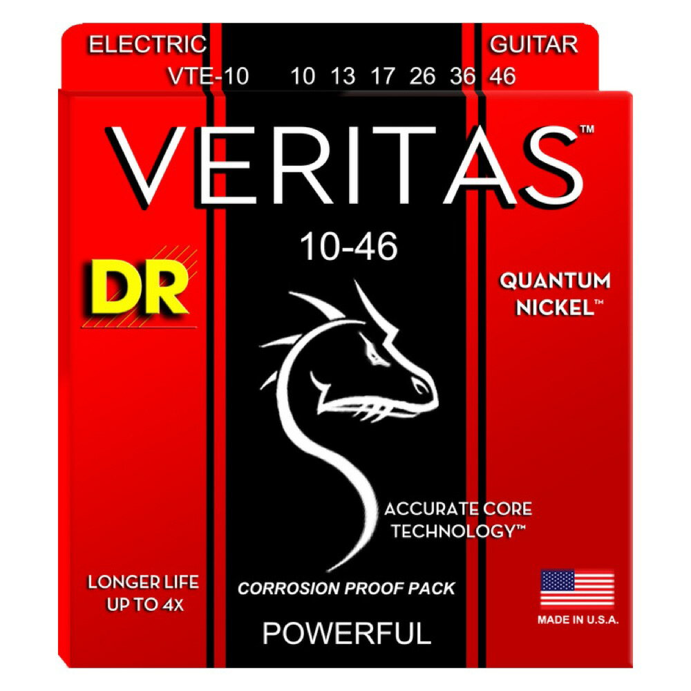 DR VTE-10 VERITAS エレキギター弦VERITAS は DR 独自の技術Accurate Core Technologyc (ACTc) でコア材を極限まで研磨し、独自素材であるカンタムニッケルをハンドワウンドした今までにない新しいエレキギター弦です。コア表面を均一にすることでよりタイトにワウンドすることが可能になり、汚れや汗の侵入を阻止。これによりアンコーティングながら長寿命を実現。さらに、磨かれたコアの自然な振動に合わせたカンタムニッケルの持つクリアで上質なサウンドが幅広いレンジを生み出し、しなやかな弾力によって広がる演奏性により繊細な表現まで再現しやすく、分離のよいサウンドとかつて無いボディ鳴りを実現しました。また、自然な振動を追求する事で変速チューニングでも驚くほどピッチが安定する弦に仕上がりました。さらに、この上質な巻弦に合わせバランスを取った長寿命且つ幅広いレンジを持ちリッチなサウンドを奏でる、XENON power-plain弦の 1 弦、2 弦、3 弦を追加で封入。楽器との相性や演奏性に合わせお好みでご選択いただけます。Accurate Core Technology(ACT)とは...DR が独自に開発した技術で、ワウンド前のコア材を極限まで研磨し、表面の不均一性を取り除き、より正確な状態のコアにすることで、より自然な振動を促すと共に、DR の高いハンドワウンド技術によって、よりタイトにコアに対してワウンド材を巻きつけることが可能になりました。これにより、弦のゲージはそのままに、弦の密度(重量)を上げることが可能となり、通常のチューニングはもちろん、ドロップダウン等の変速チューニングの際の高い安定性を実現しました。この度、特許申請が完了したため、公表となった技術ですが、既にラインナップ済の DDT シリーズにも同じ技術が採用されています。ゲージ：10-13-17-26-36-46