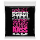 ERNIE BALL 2844/Stainless Super Slinky Bass ベース弦錆びに強く耐久性に優れたステンレス・スティール・ワイアーを採用した、ステンレス・ワウンドのベース弦です。アタックに対して反応がよく、ブライトな音色が特徴です。快活なロック・サウンドが欲しいベーシストに最適なシリーズです。2844/Stainless Super Slinky Bassゲージ：45、65、80、1001セットでの販売です。　