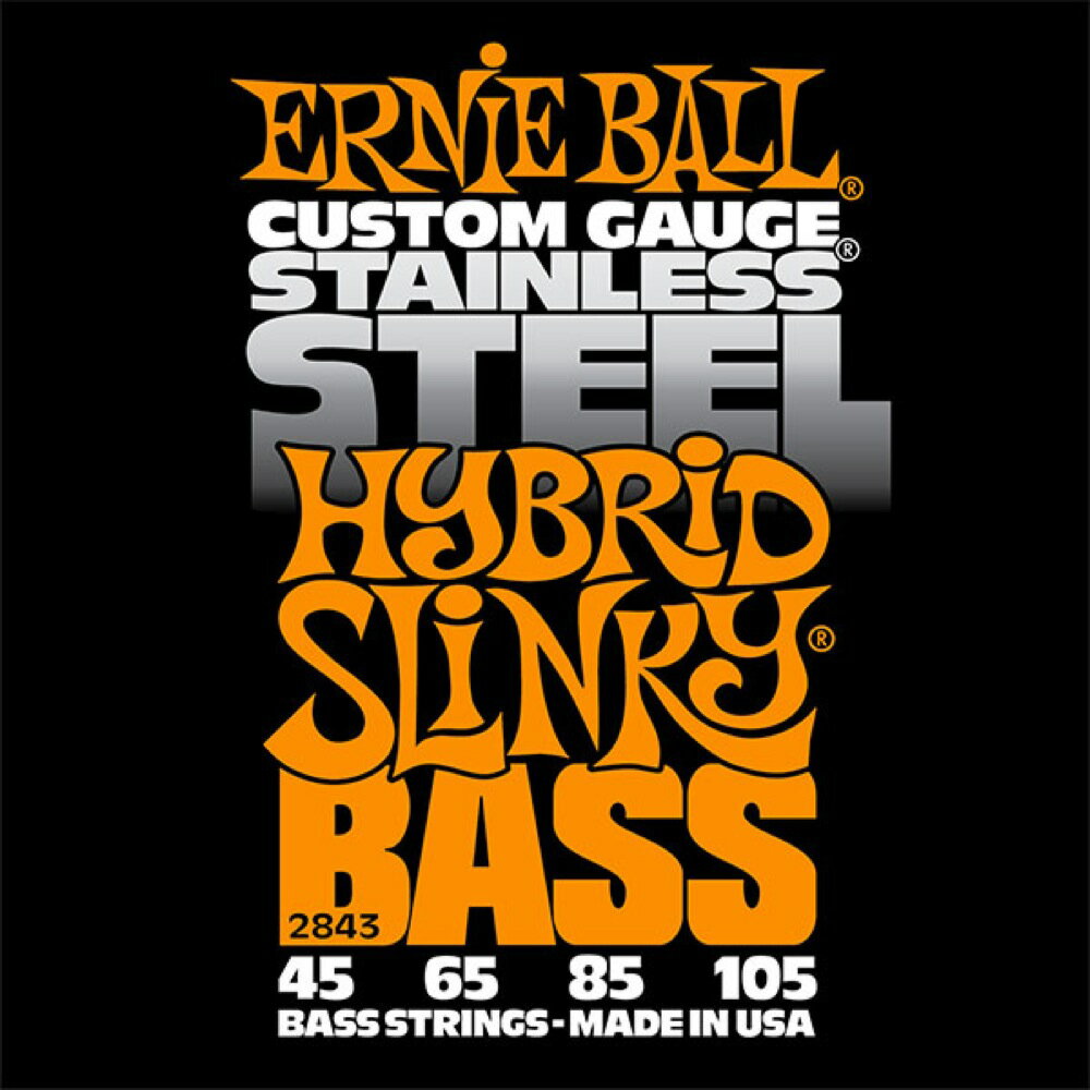 ERNIE BALL 2843/Stainless Hybrid Slinky Bass ベース弦錆びに強く耐久性に優れたステンレス・スティール・ワイアーを採用した、ステンレス・ワウンドのベース弦です。アタックに対して反応がよく、ブライトな音色が特徴です。快活なロック・サウンドが欲しいベーシストに最適なシリーズです。2843/Stainless Hybrid Slinky Bassゲージ：45、65、85、1051セットでの販売です。