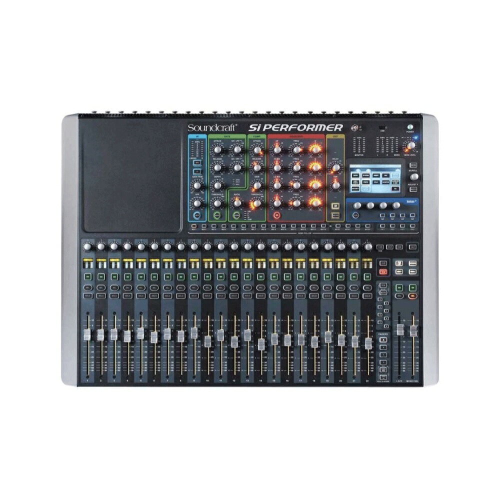 Soundcraft Si Performer 2 デジタルミキサー直感をサウンドに。ひらめきを瞬時に音に変える、操作性に優れたコンパクトなデジタル・ミキサー。 Si Performerは、高度な運用を可能にする高性能モデルですDSPの処理能力が大幅に増強され、より多くの信号を、より柔軟に制御。8つのVCAグループやチャンネルごとに搭載された小型ディスプレイにより、操作性も向上しました。さらにDMX出力端子を備えており、通信プロトコル「DMX512-A」に対応した照明機器を直接コントロール可能です。■直感的なコントロールを可能にする、アナログ・ミキサーのような優れた操作性。TOTEMスイッチ・アナログ・ミキサーに極めて近い感覚でバスへのミキシングが行えるTOTEM（トーテム、THE ONE TOUCH EASY MIX）スイッチを装備。・スイッチを押すと、チャンネルフェーダーがバスへのセンドフェーダーに切り替わるなど、サーフェイス全体がそのバスへのミキシングを行う際に最適な設定に再構築されます。これにより、まるでバスへの出力セクションを備えた大型のアナログ・ミキサーのようなストレスのないミキシングが可能になりました。TOTEMスイッチは、「チャンネルフェーダーからAUXバス」「AUXバス、LRバス、MONO（CENTER）バスからマトリクスバス」「チャンネルフェーダーからFXバス」のミキシングで利用できます。フェーダーグロウ・システム・小さいサーフェイスで多くの信号を扱うデジタル・ミキサーでは、レイヤーによってフェーダーの機能を切り替える必要があり、操作ミスが発生する原因となっていました。Si Performer、Si Expressionでは、フェーダーの機能に応じて、フェーダー内部のLEDの色が変化するフェーダーグロウ・システムを採用。フェーダーに割り当てられている機能が一目で確認できるため、正確なオペレートが可能です。フェーダーの溝全体が鮮やかに光るため、暗い会場でも迷わず操作できます。ACS・チャンネルやバスのオーディオパラメーターを、アナログ・ミキサーのように一目で確認・調整できるACS（エーシーエス、Assignable Channel Strip）を搭載しています。ACSは、チャンネル/バスの、ゲイン、HPフィルター、ゲート、コンプレッサー、パラメトリックイコライザー、ディレイ、出力の設定を表示・調整するエリアです。チャンネル/バスのSELスイッチを押すと、そのオーディオパラメーターが即座にACSに表示されます。ACSは機能ごとに専用のつまみやスイッチを装備しており、他のデジタル・ミキサーのようにつまみやスイッチの働きがレイヤーの切り替えによって変更されることがなく、アナログ・ミキサーに近い操作性を実現しています。グローバルモード・コントロール・常時表示しておきたいチャンネル/バスのゲインやHPフィルター、パンの設定状態は、各フェーダーの上部にあるグローバルモード・コントロールで常に確認できます。チャンネル/バスの設定状態を一覧で確認でき、比較しながら調整できるため、バランスの取れたミキシングが素早く簡単に行えます。グラフィックイコライザー・各バスに搭載されたBSS AUDIO製の28バンド・グラフィックイコライザーの設定は、チャンネルフェーダーで行うことができます。100mmストロークのフェーダーで調整ができるので、微細なコントロールが可能です。ミュートグループ、VCAグループ・各チャンネル/バスのミュートの組み合わせを、ミュートグループとして保存できます。Si Performerでは最大8つ、Si Expressionでは最大4つまで保存可能です。さらにSi Performerは8VCAグループを装備し、複数のチャンネルフェーダーを1つのVCAフェーダーでコントロールできます。フェーダーの自動ゲイン設定機能・ALTスイッチとONスイッチを押すだけで、バスへのセンドフェーダーをユニティーゲインやフェーダー絞りきりに設定可能。オペレーターの手間を低減します。レベルメーター、小型ディスプレイ・チャンネル/バスの、信号レベルやコンプレッサーの減衰量、ゲートの動作状態を表示します。Si Performerは小型のディスプレイを備えており、チャンネル名やグループ名の表示も可能。フェーダーに割り当てられている機能に応じて色も変化します。クリア機能・様々なオーディオパラメーターを、それぞれ個別に、または一括で工場出荷時の状態にリセットできる、クリア機能を搭載しています。■多くのブランドとの共同開発による、妥協のない優れたサウンド。STUDERと共同開発したDSPSR用ミキサーで高い評価を得ているSoundcraftと、放送局用ミキサーで絶大な信頼を獲得しているSTUDERが共同開発したDSPを使用。音声信号の処理能力を磨き上げ、妥協のない音質と高い信頼性を獲得しています。「Vi1」譲りの高品位プリアンプSoundcraftライブSR用デジタル・ミキサーのハイエンドモデル「Vi1」譲りの高品位プリアンプを採用。原音の魅力を余すことなく引き出し、温かみのあるブリティッシュサウンドを出力します。 Lexicon PRO製エフェクト・プロセッサー4系統のLexicon PRO製高品位エフェクト・プロセッサーを装備。各プロセッサーは専用のバスを備えており、全てのチャンネルの信号を自由に送ることができます。また、処理後の信号はFXリターンとしてチャンネルフェーダーに立ち上がるため、LRバスやMONO（CENTER）バスはもちろんAUXバスにも出力可能です。エフェクターは、世界中で愛用されているステレオリバーブ14種類を初めとして、ディレイ7種類、エフェクト8種類（コーラス、フランジャー、フェイザー等）の合計29種類を搭載。ディレイタイムを手動で変更できるTAPスイッチも装備しました。 BSS AUDIO製グラフィックイコライザー全出力バスには、定評あるBSS AUDIO製の28バンド・グラフィックイコライザーを装備。バスごとに個別に搭載しているため、必要に応じてすぐに使用可能です。dbx製コンプレッサーと高性能パラメトリックイコライザーACSエリアのコンプレッサーはdbx製で、原音の響きを損なうことなく思いのままに信号を制御できます。また、Soundcraft製の高性能4バンド・パラメトリックイコライザーを搭載し、微細な調整が可能です。Si Performerのイコライザーは、高域と低域でシェルビングとピーキングの両方が利用できます。 iPad用アプリケーション「ViSi Remote」、PC用ソフトウェア「Si Offline」を用意Si Performer、Si Expressionの様々な機能をワイヤレスで制御するためのiPad用アプリケーション「ViSi Remote」や、各種設定やショーデータの編集をWindows PC上で行えるオフライン・ソフトウェア「Si Offline」を用意しており、操作性や利便性が大幅に向上しました。■効率的な運用を可能にする、デジタルならではの多彩な機能。柔軟なバスの設定14モノラルAUXのうち6モノラルAUXは6ステレオAUXに切り替えが可能。AUXバスへの出力はチャンネルごとにプリ/ポストの切り替えができ、用途に合わせて柔軟な設定が行えます。4モノラル・マトリクスも4ステレオ・マトリクスに切り替えが可能です。 チャンネルフェーダーへの割り当て機能と柔軟性の高いパッチシステム入力、バス出力、VCA、DMX出力を任意のチャンネルフェーダーに割り当てることができます（VCA、DMXはSi Performerのみ）。これにより、使用頻度の高い機能を1つのフェーダーレイヤーにまとめることができ、操作性が大幅に向上しました。また、非常に柔軟性の高いパッチシステムを備えており、全ての入力信号をそれぞれ任意のチャンネルに送ることや、全てのバスの信号をそれぞれ任意の出力端子に送ることが可能です。この2つの機能を組み合わせることで、信号を自在にコントロールで きます。 コピー/ペースト機能チャンネル間やバス間、エフェクト・プロセッサー間で、ほぼ全てのオーディオパラメーターを素早く簡単にコピー/ペーストできます。ペーストする項目はそれぞれ個別にON/OFFが可能で、調整に掛かる時間を大幅に短縮できます。キューとショーの保存機能設定した内容を保存する手段として、キューとショーの2つの機能を用意しています。キューは、基本的にオーディオパラメーターやDMXの設定のみが保存されるため、シーンチェンジやスナップショットとして使用できます。ショーは、オーディオパラメーターやDMXの設定はもちろん、キューや一部の基本設定も保存できるので、演目の変更の際に便利です。 ショーデータは内蔵メモリーに保存でき、簡単に呼び出すことができます。さらに、USBメモリーを使用すれば他のSi PerformerやSi Expressionで同じショーデータを簡単に再現できます。セキュリティー機能各機能のロック/アンロックの状態をユーザーごとに設定できます。設定の変更やユーザーの切り替えにはパスワードが必要で、不用意な操作による設定の変更を防止できます。【仕様】チャンネル・フェーダー数 ：22処理可能チャンネル数※ ：80【入出力端子】マイク/ライン入力（XLR） 24ステレオライン入力（フォーン） 4 デジタル入力（AES/EBU、XLR） 1（2ch） ライン出力（XLR） 16 デジタル出力（AES/EBU、XLR） 1（2ch） ワードクロック（BNC、75Ω） 1 MIDI IN/OUT 各1 HiQnet 1 【バス】L/R/C バス 各1AUX バス 14（8モノラル＋6モノラルまたは6ステレオ切替）マトリクスバス 4（4モノラルまたは4ステレオ切替）FX バス 4 【周波数特性】マイク/ライン入力~ライン出力 20Hz~20kHz（＋0/−1dB）ステレオライン入力~マスター出力 20Hz~20kHz（±0.5dB） 【THD＋N】マイク/ライン入力（ゲイン最小）~バス出力 0.006％ （10Hz~22kHz、＠1kHz）マイク/ライン入力（ゲイン最大）~バス出力 0.008％ （10Hz~22kHz、＠1kHz）ステレオライン入力~マスター出力 0.005％ （10Hz~22kHz、＠1kHz） 【インピーダンス】マイク/ライン入力 2kΩステレオライン入力 10kΩ以上ライン出力 75Ω以下 【最大信号レベル】マイク/ライン入力 ＋23dBuステレオライン入力 +22dBuバス出力 +22dBu 【パラメトリック イコライザー （入力、バス出力）】高域 22Hz~20kHz、±15dB、Q=0.3~6.0、ピーキング/シェルビング切替中高域 22Hz~20kHz、±15dB、Q=0.3~6.0中低域 22Hz~20kHz、±15dB、Q=0.3~6.0低域 22Hz~20kHz、±15dB、Q=0.3~6.0、ピーキング/シェルビング切替 定格レベル 0dBu（−22dBFS）同相信号除去比 80dB @1kHz（マイク/ライン入力）残留ノイズ − 88dBu以下（マスター出力、入力なし、フェーダー0dB）マイク等価入力ノイズ − 126dBu以下（22Hz~22kHz、アンウェイト、150Ωソース）ハイパスフィルター 22Hz~1kHz、18dB/oct オシレーター　 サイン波（20Hz~20kHz）/ピンクノイズ AD-DA 変換 24bit、48kHz内部処理 40bit 浮動小数点演算レイテンシー 1ms 以下@48kHz（マイク/ライン入力~バス出力）電源 AC100V、50/60Hz 消費電力 200W 寸法（W×H×D）（除突起部） 727×157×522mm 質量 17kg ※ステージボックスを使用してモノラル入力を64chに拡張し、4ステレオライン入力および4FXリターンをそれぞれ8chとカウントした場合の合計値。