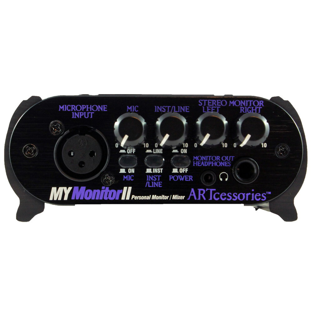 ART My Monitor II パーソナルモニター/ミキサー本機は、マイクを繋いで他のステレオ音源をミックスできる、パーソナル・モニター／ミキサーです。ボーカリストがステレオ音源に合わせて歌ったり、ギタリストがオケに合わせて弾いたりでき、演奏や録音時に役立つ機器です。ミックス用のレベル・ノブは、マイク、楽器、ステレオ音源（L / R）がそれぞれ別なので、好みに合わせて設定できます。ヘッドホンはフォーンとミニ・フォーンを両方装備しています。マイク用のON / OFF スイッチはポップノイズが無いのでミュートとしても使えます。電源は付属のアダプターの他、9V 電池（別売）も使えるので、電源が取りにくい場所でも使えます。ミキサーからのファントム電源は、本機を通してそのままコンデンサー・マイクに送ることができます。【特長】・ノイズが少なく高品質な回路・ポップノイズの無いON / OFFミュート・スイッチ・インスト／ライン入力＆スルー端子・ステレオ・モニター入力はL / Rそれぞれにレベル設定が可能・ヘッドホン端子は1/8＆1/4インチを両方搭載・9V 乾電池と12V DC電源アダプターの二通り・頑丈でコンパクト、長年に渡り使用可能・プロの使用に耐える高品質【スペック】・電源：電源アダプター（付属：12VDC @ 150mA）or 乾電池（別売：9VDC）・寸法：47×117×109 mm・重量：391g