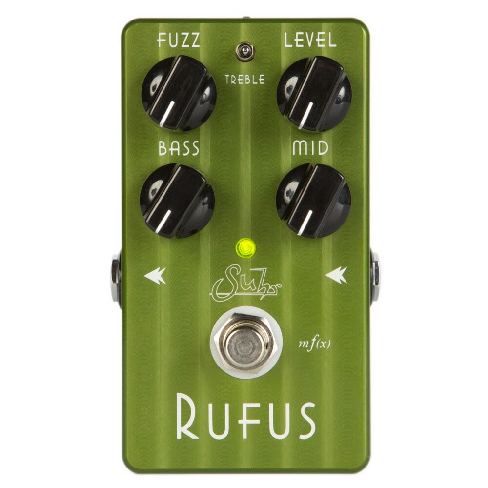 Suhr Rufus ファズ エフェクターSuhr Rufus, 1969年のFillmore East Fuzz派からグランジ系Fuzz派だけでなく、チューブアンプのダイナミクスとタッチレスポンスを併せ持つサウンド性能で生み出される多彩なFuzzバリエーション、自分派もカバーする超ウルトラ万能Fuzz登場。究極の万能性を追い求めて3バンドEQをFuzzに搭載したことで、思い描く理想のトーンを驚くほど簡単に作れるだけでなく、ボトムエンドを全く損なわないベース用Fuzzとしても”使える”エフェクトに仕上がりました。そしてコンパクトエフェクター業界初となるmf(x)機能により、フットスイッチをホールドするだけで演奏中でもRufusのノーマルとファットモードを瞬時に切り替えます。また旧来のFuzzにはないTrue Bypass機構を採用。ギターとFuzzに間にチューナーや他のエフェクターを配置できるシステム派にもGoodです。【Specification】Input Impedance：1M ohmOutput Impedance：600 ohmパワーコネクター：9VDC センターマイナス2.1mmFxLinkコネクター：1/8″モノラルShield →Tip：ノーマルモード on/offShield →Ring：ファットモード on/off寸法：63.5mm(w)x114.3mm(h)x31.7mm(d)重量：340g【その他機能】バッテリーモニター：電池の電圧降下をモニター,電圧が4V以下になると自動的にバイパス状態に移行FX LINK機能：RufusのON/OFFを外部スイッチでコントロール逆電圧故障、過電圧故障を防止する保護機能回路付き