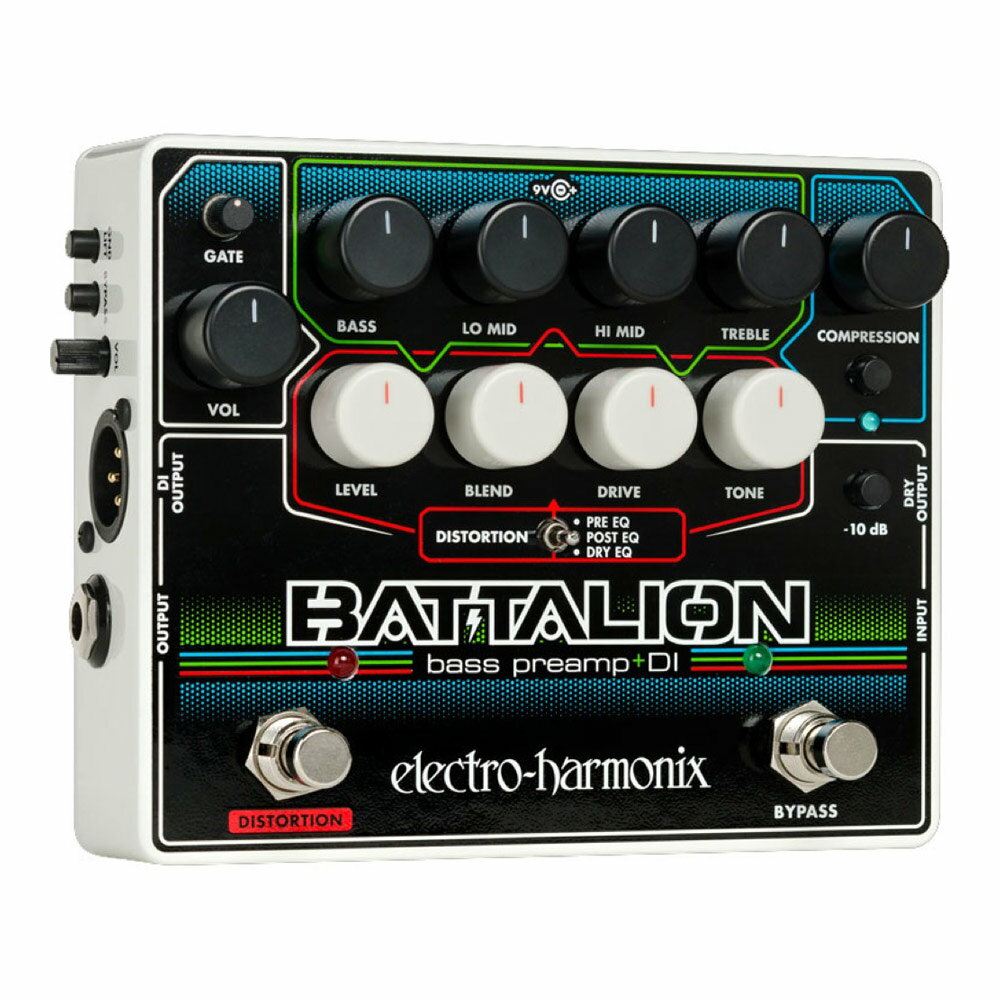 ELECTRO-HARMONIX BATTALION BASS PRE AMP DI ベースエフェクターBattalion ベースプリアンプ DI はパワフルなトーンシェイピングが可能な汎用性の高いペダルで、コンパクトな筐体に多くの機能を詰め込んだペダルボード フレンドリーなペダルです。Battalion には4バンドイコライザー、プリ EQ / ポスト EQ などの選択が可能な MOSFET ディストーション、コンプレッサー、ノイズゲート、幅広い input/output オプションなどを含む様々な機能が搭載されており、これ一台で音作りを深く追い込むことが可能です。【Specs】・ベース用にデザインされた4バンドイコライザー（BASS - 200Hz以下、Lo-Mid - 280Hz, Mid - 750Hz, Treble - 2K以上）・圧倒する歪みを生み出すディストーション回路・ディストーションセクションには Level, Blend, Drive, Tone の各コントロールと独立したフットスイッチを搭載・3種類のシグナルフローを切り替えることで幅広い音作りが可能。Pre EQ - イコライザーの前段にディストーション回路を配置Post EQ - イコライザーの後段にディストーション回路を配置Dry EQ - クリーンシグナルにのみイコライザーが効きます。・ON/OFF ボタン、LED インジケーターを兼ね備えたワンノブコントロールのコンプレッサー。音圧とサスティーンを増強します。・スレッショルドのコントロールが可能なノイズゲート。オリジナルのトーンとアタックをを犠牲にすることなくノイズやハムを取り除くことが可能・フレキシブルなインプット・アウトプットオプションを装備しており様々な環境とセッティングに対応・インプットには 10dB をパッド搭載・ヘッドフォンの使用も可能なアウトプットとドライシグナルを出力するドライアウトプットを搭載・DI として使用可能な XLR バランス出力を搭載しレべルコントロール、バイパススイッチ、グラウンドリフトスイッチも搭載・Battalion はすべてアナログ回路で構成されており、EHX9.6DC-200mA ACアダプター付属