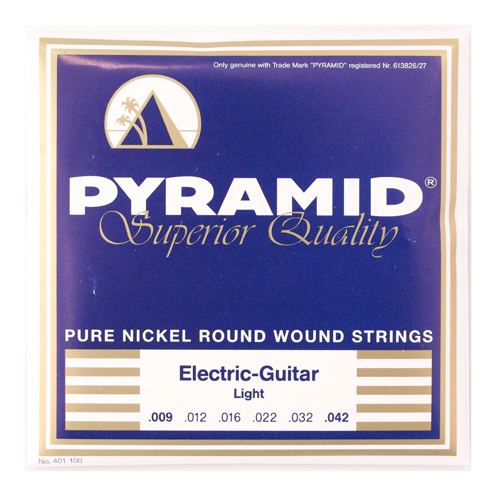 PYRAMID STRINGS EG Pure Nickel 009-042 エレキギター弦"PYRAMID Electric Guitar Pure Nickel Round Wound Strings"最上級の素材を用いて製造された、あらゆるジャンル／スタイルにマッチするエレクトリックギター専用ゲージです。巻き線には純度99.2％のニッケルを使用。その響きは豊かできらびやか、そしてあくまでも音楽的です。幅広い適応性と心地よいプレイフィール、そしてロングライフを併せ持ち、高い次元でバランスが取れた、全てのギタリストにお薦めできるゲージ・シリーズです。light（009-042）