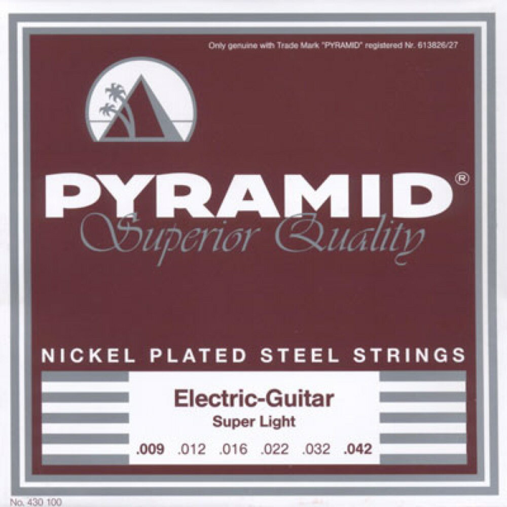 PYRAMID STRINGS EG NPS 009-042 エレキギター弦"PYRAMID Electric Guitar Nickel Plated Steel Strings"ブライトなトーンとロングライフが自慢の、エレクトリックギター専用ゲージセットです。スチール材の表面に薄くニッケル層を重ねる事によって、滑らかで心地よいプレイフィールを実現。｢硬くテンションが強い｣というスチール弦のイメージを払拭しています。また、ニッケル層は磁力特性においてギター用ピックアップによく馴染み、優れたレスポンスとサスティーンを発揮します。特に、ロック〜ヘヴィメタルとの相性は抜群です。light（.009-.042）