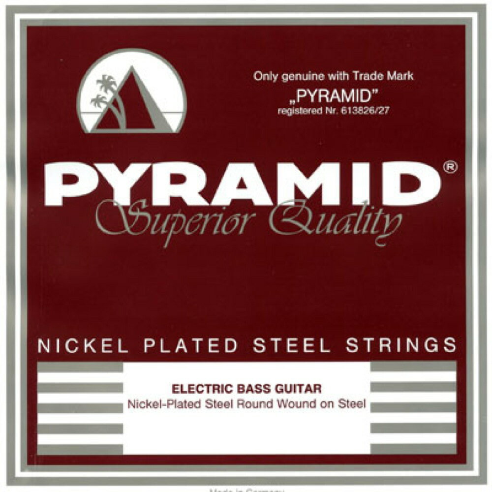 PYRAMID STRINGS EB NPS 045-105 エレキベース弦"PYRAMID Electric Bass Nickel-Plated Steel Strings"　世界最高品質のスウェーデン鋼から作られるスチール材の表面に、高純度ニッケルの被膜を重ねた、ベース弦です。滑らかなプレイフィールと適度なテンション、ブリリアントな音色と長寿命を実現しました。また、スチール芯とニッケル被膜のコンビネーションは磁力特性にも優れ、明確なレスポンスと豊かなサスティーンをピックアップに伝えます。あらゆるジャンル・あらゆるタイプのプレイヤーにお薦めです。Gauge：heavy（.045-.105）