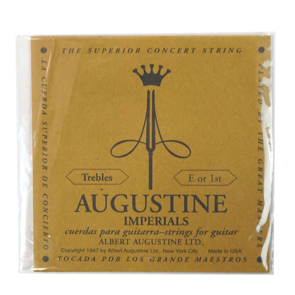 AUGUSTINE IMPERIAL 1st 1弦 クラシックギター弦 バラ弦輝かしい音色と耐久性を誇るナイロン弦を世界で初めて開発、またたくまにギター弦の標準となり、ギタリストの間で絶大な人気を誇るブランド、それが「オーガスチン」です。インペリアル高音弦は、リーガルと比べてゲージが細めになっており、弾きやすく軽いアクションが特長です。1弦のみ※1本での販売です。