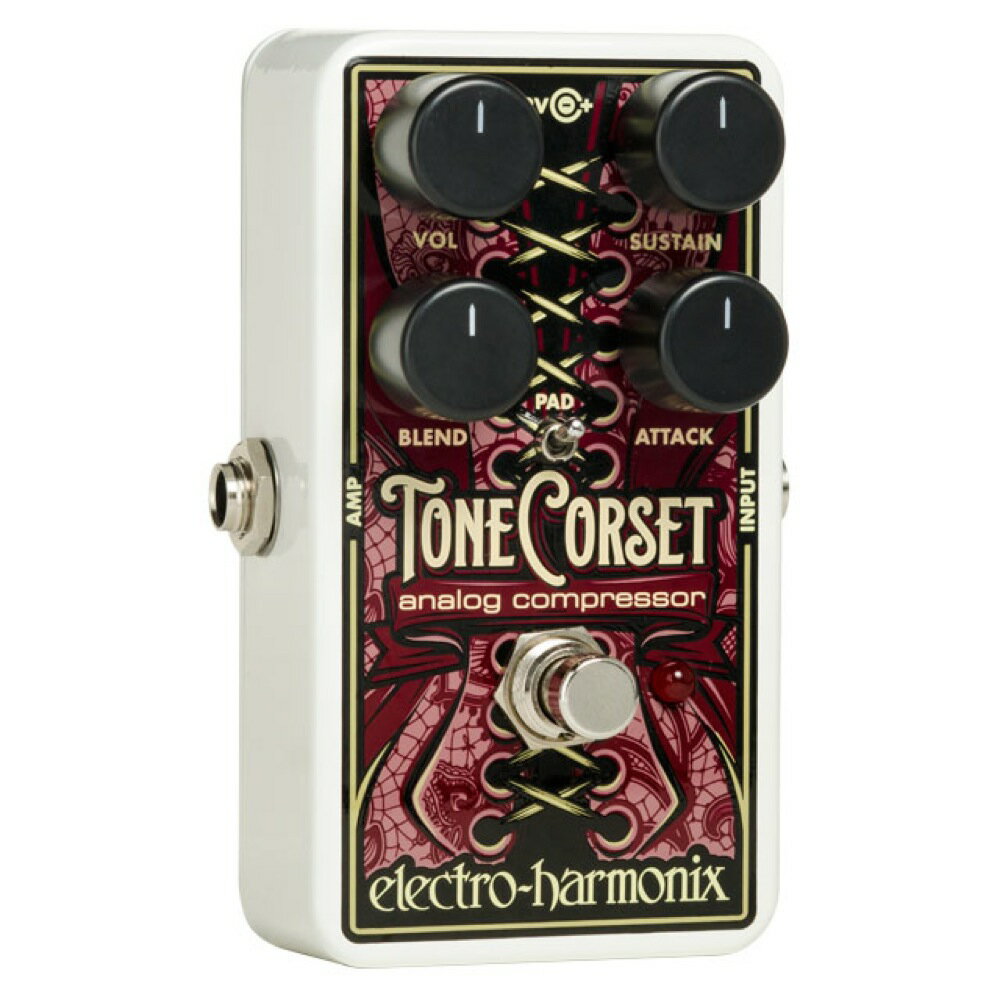 ELECTRO-HARMONIX Tone Corset Analog Compressor コンプレッサー エフェクターTone Corset は、ギターのトーンの理にかなった方法で圧縮する EHX の新しい4ノブタイプのコンプレッサー。マイク・マシューズ曰くこの Tone Corset は、今までのアナログコンプレッサーの中で最もファンキーなアナログコンプレッサーとのこと。Specs・4ノブは素晴らしいコントロール性を提供するようデザインされており、楽器のダイナミクスを正確に形成します。・Sustain ノブはギターシグナルへのコンプレッション量をコントロールします。・Attack ノブはコンプレッションがかかるまでの速さを調節します。・Blend ノブはドライシグナル（原音）とコンプレッションシグナル（ウェット音）のミックスバランスを調節します。・Volume ノブは全体の出力レベルをコントロールします。・Pad スイッチは、高出力のハムバッカーピックアップを搭載したギターやベースなどを Tone Corset に接続した際に予期しない歪みが発生するのを防ぐため、インプットシグナルを下げることができます。・トゥルーバイパス方式を採用・9V バッテリー駆動可能