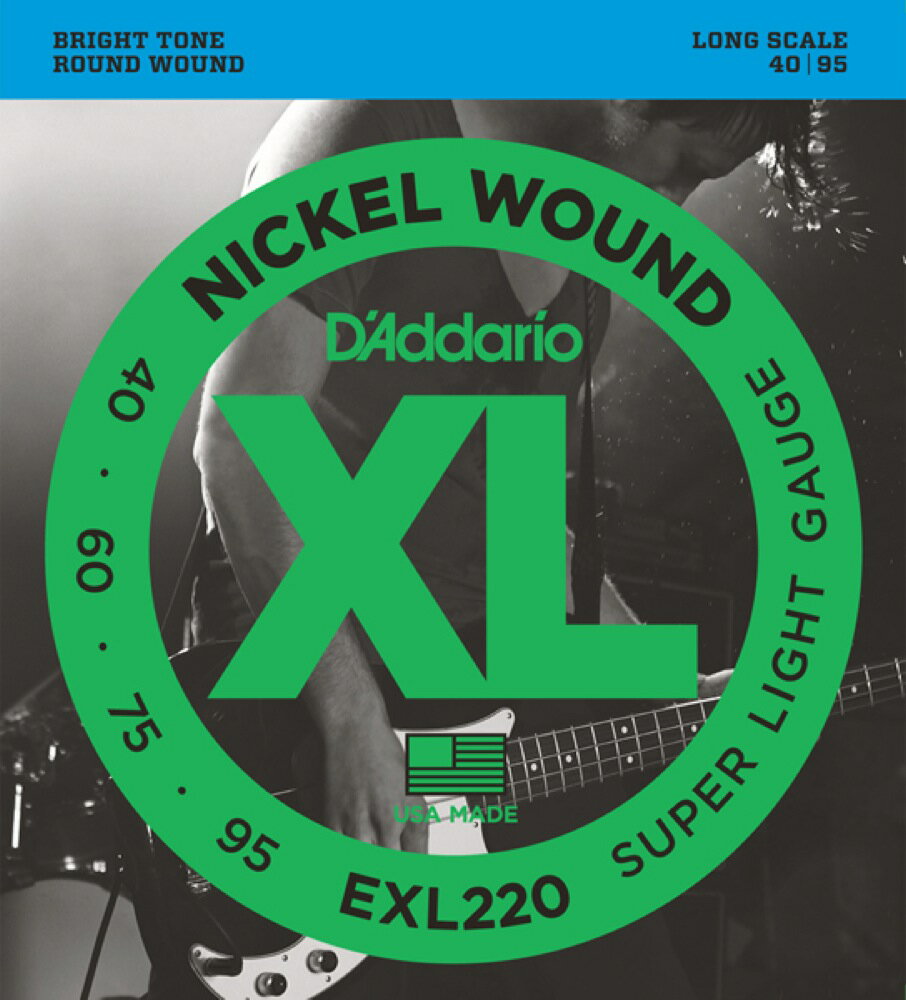 D'Addario EXL220 Super Light ベース弦世界中のミュージシャンからの圧倒的な支持を誇る、言わずと知れたベース弦のスタンダード。 ブライトでかつ正確なイントネーションを生み出し、どんなベースとも相性抜群です。Super Light/Long Scale1st:XLB0402nd:XLB0603rd:XLB0754th:XLB0951セットでの販売です。