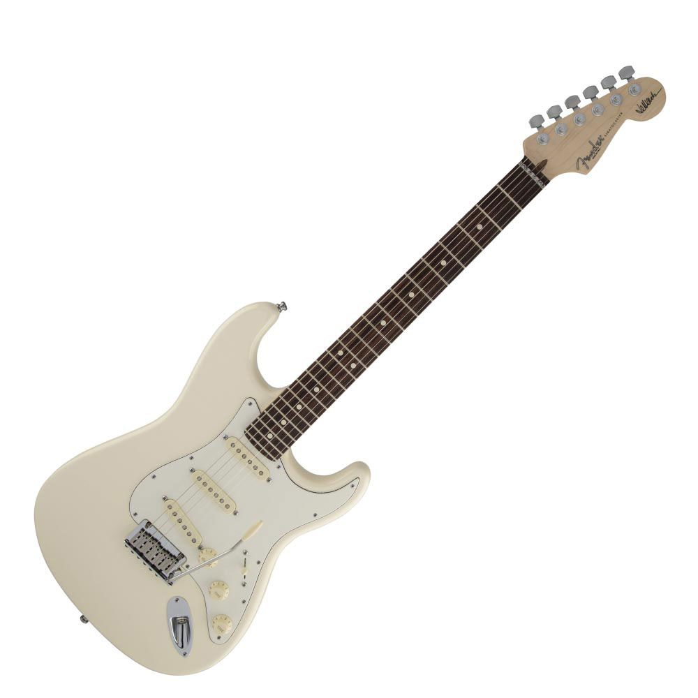 Fender Jeff Beck Stratocaster OWT エレキギターPURE JEFF BECK SOUND AND STYLE世界を席巻したブリティッシュ・インヴェンジョンから始まり、今日にまで続く驚くべきソロ・キャリアを通じて、ストラトキャスターはジェフ・ベックのサウンドを彩ってきました。 アルダー・ボディに、ソフト"C"シェイプのネック。ハイポジションの演奏性を考慮したコンタード・ヒールを採用。セラミック・マグネットの「Noiselessピックアップ」を搭載し、出力も通常より高く設定されています。特長アルダー・ボディFender特別デザインのデュアル・コイルのセラミックNoiselessピックアップ快適なソフト" C"シェイプのネック にコンター加工のヒールLSRローラーナットステンレス製サドル付きの2点式シンクロナイズド・トレモロ・ブリッジスペック：モデル：Jeff Beck Stratocaster, Rosewood Fingerboard, Olympic Whiteモデル番号：119600805カラー：Olympic Whiteボディ：Alderボディフィニッシュ：Urethaneボディシェイプ：Stratocasterネック：Mapleネックフィニッシュ：Satin Urethaneネックシェイプ："C" Shapeスケール：25.5" (648 mm)フィンガーボード：Rosewoodフィンガーボードラジアス：9.5" (241 mm)フレットナンバー：22フレットサイズ：Medium Jumboナット：LSR Rollerナット幅：1.6875" (42.86 mm)ポジションインレイ：Pearloid Dotsトラスロッド：Bi-Flexトラスロッドレンチ：1/8" Hex (Allen)ブリッジピックアップ：Dual-Coil Ceramic Noiselessミドルピックアップ：Dual-Coil Ceramic Noiselessネックピックアップ：Dual-Coil Ceramic Noiselessコントロール：Master Volume, Tone 1. (Neck Pickup), Tone 2. (Bridge/Middle Pickup)ピックアップスイッチ：5-Position Blade: Position 1. Bridge Pickup, Position 2. Bridge and Middle Pickup, Position 3. Middle Pickup, Position 4. Middle and Neck Pickup, Position 5. Neck Pickupピックアップコンフィギュレーション：SSSブリッジ：2-Point American Series Synchronized Tremolo with Stainless Steel Saddlesハードウェアフィニッシュ：Chromeチューニングマシーン：Deluxe Staggered Cast/Sealed Lockingピックガード：3-Ply Parchmentコントロールノブ：Aged White Plastic弦：Fender USA 250L, NPS (.009-.042 Gauges)フューチャー：Thinner "C" Shape Maple Neck, Contoured Heel for Easier Access to Upper Frets, LSR Roller Nut, Aged Knobs and Pickup Covers