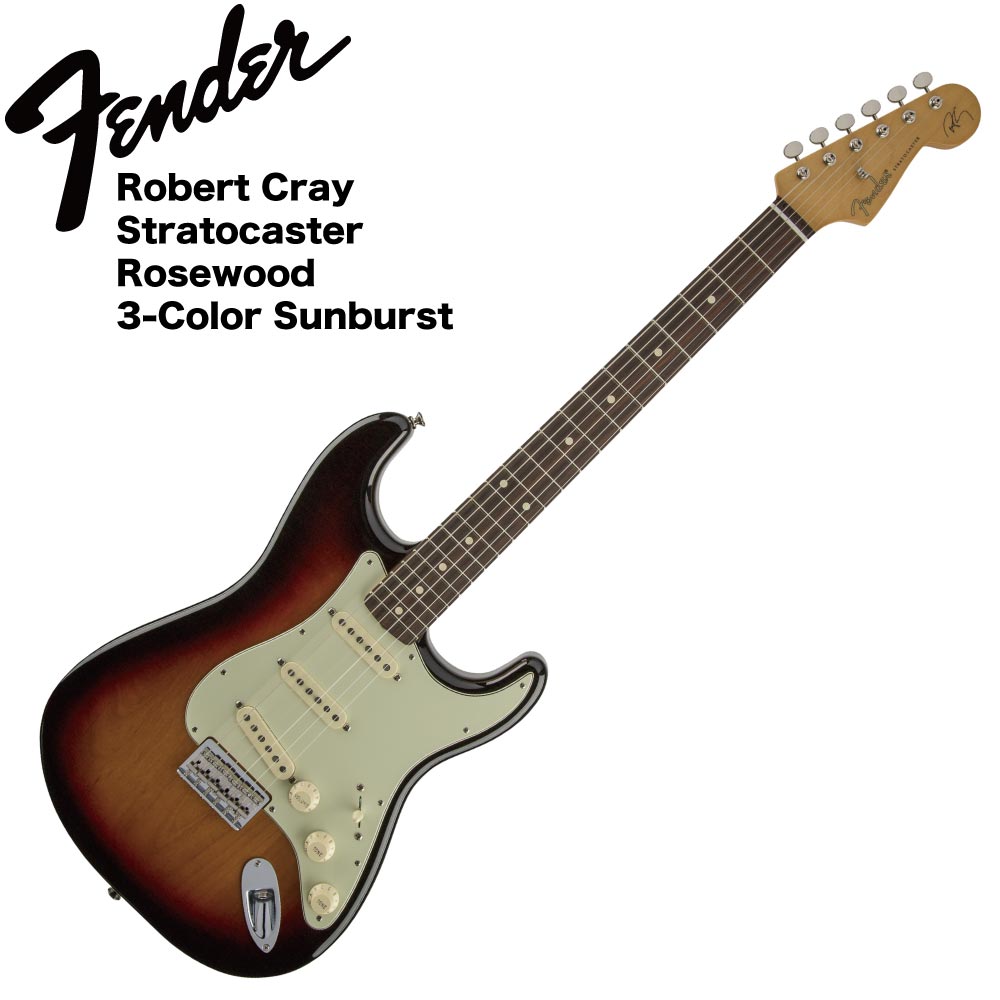 Fender Robert Cray Stratocaster RW 3TS エレキギターPURE CRAY SOUND AND STYLEトレモロユニットの無いハードテイルブリッジのストラトキャスターを演奏する事で知られているロバート・クレイのアーティストギターは、アタック感の強いヴィンテージスタイルのサウンドが特徴である。特長60年代初期の"C"ネックシェイプ21ミディアム・ジャンボ・フレット採用の9.5インチラジアスのローズウッド指板Fenderカスタムショップ製ヴィンテージスタイルの5WAYスイッチ採用Stratocasterピックアップ3層のミントグリーン・ピックガードヴィンテージスタイルのネックヒール・トラスロッド調整ヴィンテージスタイルのストリング・スルー・ボディハードテイル・ブリッジスペック：モデル：Robert Cray Stratocaster, Rosewood Fingerboard, 3-Color Sunburstモデル番号：139100300カラー：3-Color Sunburstボディ：Alderボディフィニッシュ：Polyesterボディシェイプ：Stratocasterネック：Mapleネックフィニッシュ：Urethaneネックシェイプ：60s "C"スケール：25.5" (648 mm)フィンガーボード：Rosewoodフィンガーボードラジアス：9.5" (241 mm)フレットナンバー：21フレットサイズ：Medium Jumboナット：Synthetic Boneナット幅：1.650" (42 mm)ポジションインレイ：Pearloid Dotsトラスロッド：Vintage-Style Butt Adjustブリッジピックアップ：Vintage-Style Single-Coil Stratミドルピックアップ：Vintage-Style Single-Coil Stratネックピックアップ：Vintage-Style Single-Coil Stratコントロール：Master Volume, Tone 1. (Neck Pickup), Tone 2. (Middle Pickup)ピックアップスイッチ：5-Position Blade: Position 1. Bridge Pickup, Position 2. Bridge and Middle Pickup, Position 3. Middle Pickup, Position 4. Middle and Neck Pickup, Position 5. Neck Pickupピックアップコンフィギュレーション：SSSブリッジ：6-Saddle American Vintage Strings-Through-Body Strat Hardtailハードウェアフィニッシュ：Chromeチューニングマシーン：Vintage-Styleピックガード：3-Ply Mint Greenコントロールノブ：White Plastic弦：Fender USA 250R, NPS, (.010-.046 Gauges)フューチャー：Robert Cray Signature on Headstock, Hard-Tail Bridge, White Plastic Parts, '61 "C" Shape Neck, 9.5" Fingerboard Radius, White Dot Position Inlays
