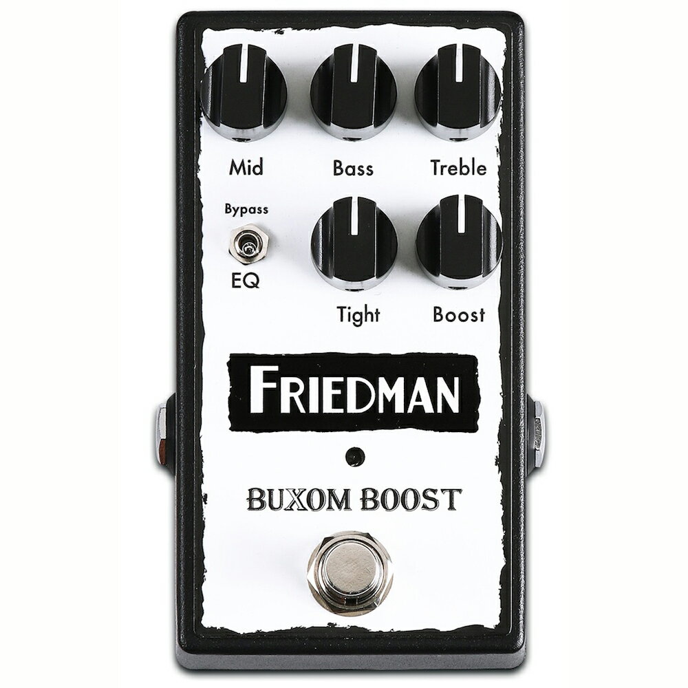 Friedman BUXOM BOOST ギターエフェクターBUXOM BOOSTはトーンの魅力を最大限に引き出すブーストペダルです。 BOOSTのツマミを回すことで音量を上げたり、分厚いハーモニック・オーバードライブトーンにすることができます。 EQバイパススイッチにより、ペダルのクリアさをフルに引き出すことも可能で、基本となるサウンドは変えずにハリと艶を与えます。 BUXOM BOOSTはBUXOM BETTYのようなクリアさとパワフルさを持ったペダルです。Plenty of headroom for getting above a mix or driving the front end of an ampEQ Bypass switch removes the 3-band EQ from the signal for a truly transparent toneAccepts 9V or 18V power for higher-headroom performanceActive 3-band EQ with boost bass and mid controls and boost/cut treble controlTight control tames your boosted amp’s low endHigh-quality circuit keeps it quiet enough for use with acoustic-electric instrumentsBuilt in USAWeight: 1 lbs.コントロールノブ: ブースト、タイト、トレブル、ミッド、ベース9-18VDC駆動対応 (電源アダプター使用のみ)FOOTSWITCH（フットスイッチ） ペダルのオン/オフ（トゥルーバイパス）の切り替えスイッチです。BASS（ベース） 低音域を調節します。MID（ミッド） 中音域を調節します。TREBLE（トレブル） 高音域を調節します。TIGHT（タイト） 低域を調整します。右に回すとサウンドがよりタイトになります。BOOST（ブースト） ブースト量を調節します。EQ BYPASS SWITCH（EQバイパススイッチ） EQのバイパスのオンオフスイッチです。IN（イン） 入力端子です。OUT（アウト） 出力端子です電源：DC 9V-18V 電源アダプターのみ(センターマイナス)サイズ：7.1(W) x 12.1(D) x 5.8(H)cm ※ノブの高さを含む。重量：292g付属品：保証書、マニュア