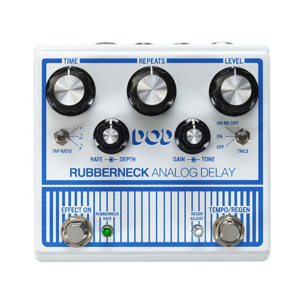 DOD Rubberneck Analog Delay ディレイ エフェクターDOD Rubberneck Analog Delayは、1秒を超えるディレイ・タイムを設定でき、ウォームで豊かな音色を備えた100％アナログ回路によるディレイ・エフェクターです。ディレイ効果をストレッチするラバーネック効果、タップ・テンポ、テール効果など、多彩なディレイ効果を演出する機能を備えています。2つの2軸ノブにより、モジュレーション・レートとデプス、ディレイ信号のゲインとトーンを独立してコントロールがすることができるユニークな機能を持ったアナログ・ディレイです。またディレイ信号に他のエフェクターを接続できるセンド・リターン端子も装備しています。トゥルー・バイパスですので、エフェクト・オフ時にオリジナル信号を劣化させることもありません。電源は別売のパワーサプライを使用します。(推奨：デジテック PS0913DC)【Details】・最大1.5秒まで設定可能なディレイ・タイム・3パターンのリズムを選択できるタップ・レシオ・スイッチ・ディレイ効果をストレッチするラバーネック効果・モジュレーションのスピードとデプスをコントロール・演奏中にリピート数を変化させるリゲン・フットスイッチ・ディレイ信号に他のエフェクターを接続できるセンド・リターン端子・ディレイをオフにした時に音切れしないテール効果・トゥルー・バイパス【Spec】・コントロール：TIME, REPEATS, LEVEL, RATE / DEPTH, GAIN / TONE,RUBBERNECK RATE, REGEN ADJUST, TAP RATIO Switch, TAILS Switch, EFFECT ON / RUBBERNECK Foot Switch, TEMPO / REGEN Foot Switch・ジャック：INPUT, OUTPUT, SEND / RETURN (TRS), Foot Switch (TRS)・インプット・インピーダンス：500k Ohms (エフェクト・オン時)・アウトプット・インピーダンス：1k Ohms (エフェクト・オン時)・インプット・インピーダンス：トゥルー・バイパス (エフェクト・オフ時)・アウトプット・インピーダンス：トゥルー・バイパス (エフェクト・オフ時)・電源：PS0913DC パワーサプライ (別売)・消費電流：150mA (9V標準)・サイズ：122(L) × 119(W) × 55(H)mm (ゴム足含まず)・重量：約506g別売のデジテックFS3Xを接続することでRubbernecking，Modulation On/Off，Tap Tempo /Regenのフットスイッチでの操作が可能。【対応パワー・サプライ】・デジテックPS0913DC