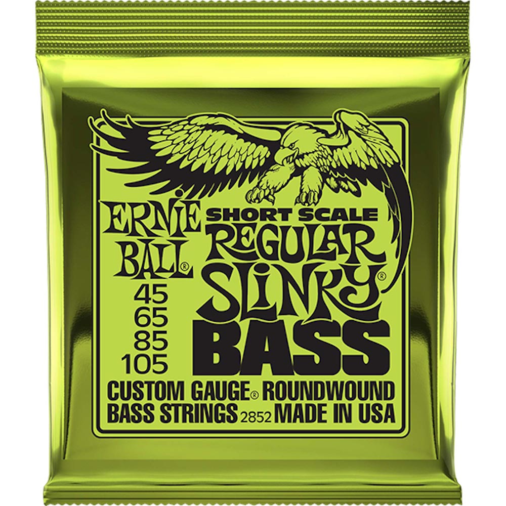 ERNIE BALL Short Scale Regular Slinky Bass #2852 ショートスケールベース弦エレクトリック・スリンキー・ベースに待望のショート・スケール専用弦が登場!世界中のベーシストに愛用されているエレクトリック・スリンキー・ベース・シリーズに、30.5インチ(約774mm)までのショート・スケールに対応した、ショート・スケール・ベース専用弦がラインナップされました。各弦の組み合わせはショート・スケール用にバランスが取ってあり、既存のスリンキー・ベースよりも1、2弦が細くなっているのが特徴です。弦の仕様はスリンキー・ベース・シリーズ同様で、スズ・メッキ・ヘックス・スティール・コア(六角形をした芯線)にニッケル・メッキ・スティール・ワイアーを巻いたニッケル・ワウンド・ベース弦です。ハイからローエンドまでバランスのとれたサウンドは、全てのミュージック・スタイルにフィットします。ゲージ：.045.065.085.105