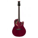 OVATION CE44-RR-G Celebrity Elite Exotic Mid Depth Ruby Red エレクトリックアコースティックギターセレブリティ エリートは、オベーション独自のマルチサウンドホール設計によるクリアな高音とバランスの取れた低音のレスポンスがライブパフォーマンスに適したギターです。リラコード製のミッドデプスのボディはクリアな高音域とバランスの取れた低音域を持ち、座って弾く時や立奏などどの様な演奏姿勢に対しても常に快適な演奏性を提供します。セレブリティ エリートには、オベーション製スリムライン ピックアップに3バンドEQにオンボードチューナーを備えたOP-4CTプリアンプを組み合わせ、サウンドセッティングが容易に可能で、様々な場所でオベーション エリート サウンドを奏でる事が可能です。*エキゾチックウッド コレクションは、その特性上1本1本杢目が異なります。・Body SpecsSoundboard: Solid Sitka SpruceBracing: Ovation X BracingBody: LyrachordDesign: Mid DepthBinding: ABS Black・Neck SpecsNeck: MahoganyFretboard: OvangkolInlays: AbaloneFrets: 23Scale: 25.3"/643mmFretboard Radius: 10" /254mmNut: 1 11/16" / 43mm・Hardwere SpecsBridge: OvangkolTuning Machines: Ovation Die-cast ChromeStrings: Bronze Light GaugePreamp: OP-4CTPickup: CP-100Case: SoftcaseBody Color: RR RubyRed