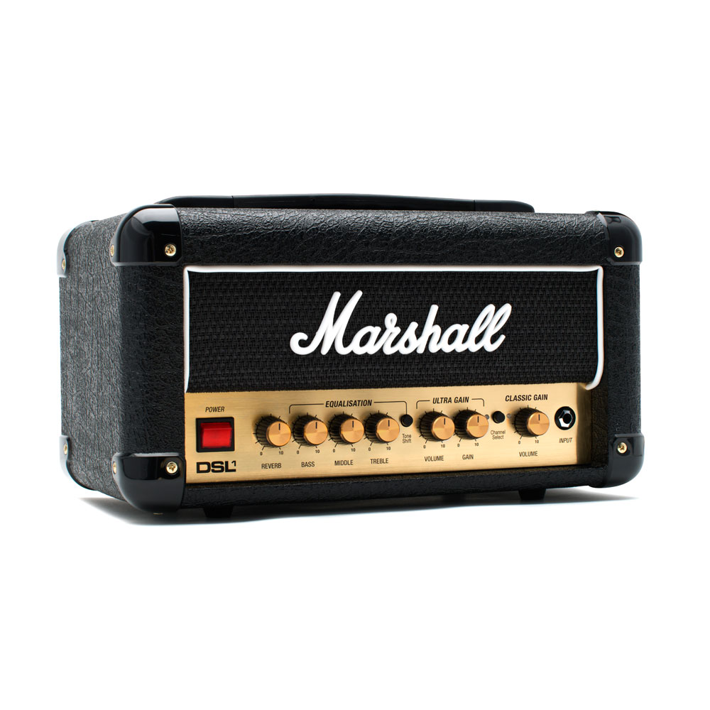 MARSHALL DSL1H 小型ギターアンプヘッド 真空管アンプ汎用性の高いDSLシリーズでは、どんな環境においても伝説的な真空管マーシャルトーンをお楽しみいただけます。輝くようなクリーントーンから強烈に歪んだオーバードライブまで、あなたの演奏スタイルにあったサウンドに簡単にセットアップできます。DSLシリーズはパワーリダクション機能、高品質なリバーブ、フットスイッチでの切替も可能な2チャンネル仕様など多彩な機能を搭載しているので、あらゆる環境で自由な発想でのサウンドメイクが可能です。DSL1Hは由緒正しいDSLの名にふさわしい伝統的なマーシャルトーンと機能を備えながらも、自宅使用など小音量での使用に最適なアンプヘッドです。幅広いサウンドメイクが可能で、演奏スタイルにあったサウンドを簡単にセットアップできます。【特徴】・リアルなアンプサウンドを再現するエミュレート回路付きヘッドフォン出力と、0.1Wまで出力を下げるパワーリダクション機能を搭載。・小音量での練習やレコーディングでも素晴らしいサウンドを実現。・フットスイッチでの切替も可能な2チャンネル（クラシックゲイン/ウルトラゲイン）仕様。・ウルトラクリーンからへヴィーディストーションまで幅広いサウンドメイクが可能。・楽曲やサウンドに彩りを与えるための、高品質なリバーブやトーンシフト、エフェクトループ端子も搭載。【SPEC】■GENERALModel：DSL1HRange：DSLTechnology：真空管Channels：2（クラシック・ゲイン/ウルトラ・ゲイン）■ELECTRONICSOutput wattage：1W　/　0.1WOutputs：3.5mm外部出力、1/4”スピーカー出力Inputs：1 x 1/4" 楽器入力, 3.5mm外部入力Controls：ボリューム（クラシック・ゲイン）、チャンネル・セレクト、ゲイン（ウルトラ・ゲイン）ボリューム（ウルトラ・ゲイン）、トーン・シフト、3バンドEQ（トレブル、ミドル、ベース）、リバーブ、ロー・パワーEffects：リバーブEffects loop：○（センド/リターン）■VALVESPre amp Valves：2 x ECC83Power amp Valves：1 x ECC82■ACCESSORIESFootswitch：PEDL-90011（1Way）付属■DIMENSIONSWEIGHT (KG)：5.6DIMENSIONS in mm (W x H x D)：360x240x215スピーカーケーブル付属