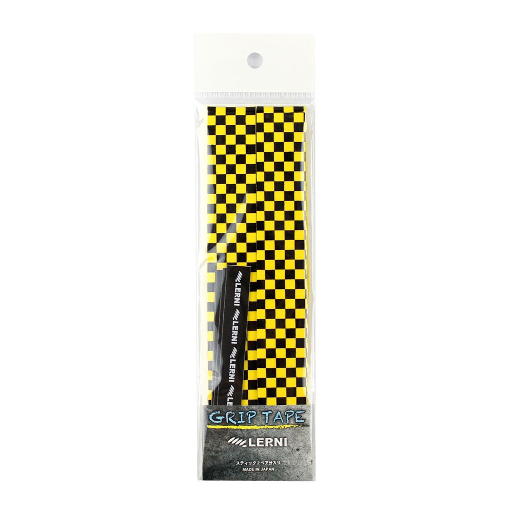 LERNI GT-CHE GRIP TAPE YEL/BLK ドラムスティック用グリップテープ※画像のスティックは付属しません。日本製のグリップテープで簡単に巻く事が出来て、繰り返し使う事が可能です。しっとりとした感触で滑り止め効果があるグリップテープで、簡単に巻けてくり返し使うことが可能です。テニスラケット、バトミントンラケット等のグリップ部分にも使われるテープと同じ素材でつくられています。また、手へのショックを軽減する効果もあります。1パッケージ、スティック2ペア分(テープ4本/止めテープ4本入り)日本製カラー：チェッカー柄 イエロー/ブラック