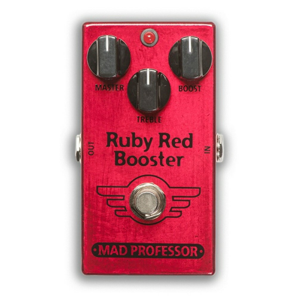 Mad Professor Ruby Red Booster FAC ブースター ギターエフェクターRuby Red Booster (RRB) は、2種類のブースターと切替可能なバッファーを組み合わせたペダルで、BJF Little Red Trebler と Red Rooster Booster をベースに製作されました。マスターボリュームコントロールを搭載していることにより、トレブルブースター、クリーンブースター、そしてオーバードライブユニットとしても使用することが可能です。内蔵の高品質バッファーは、ON/OFF 切替スイッチでトゥルーバイパス／バッファードバイパスを選択することができます。Ruby Red Booster にあたる TREBLE は帯域幅と低域のバランスが注意深く設計されており、ギターのサウンド特性にもっともマッチするトレブル周波数に微調整されています。Red Rooster Booster にあたる BOOST は最大で＋40dBもの高いブースト量を実現しており、きらびやかなクランチサウンドからヘビーなオーバードライブサウンドまでカバーするように設計されています。高いブースト設定にしても、非常に音楽的な歪みを生み出すように調整されています。MASTER で2つのブースターを合わせたサウンド全体のレベルをコントロールします。【SPECIFICATIONS】・CONTROLSMASTER:ブースター回路の直後に位置するヴォリュームコントロールで、全体的な音量を設定します。TREBLE:最大で約15dBまでトレブルブーストが可能です。トレブルの周波数帯と帯域幅は、低域のバランスとともにギターのサウンド特性に合わせて注意深く調整されています。BOOST:ブースターのゲインを最大で約40dBまでブーストします。高めに設定することで歪みを作り出します。BUFFER:ペダル内部には高品質バッファーの ON/OFF を切り替えるスイッチを備えており、バイパスモードにおいてトゥルーバイパスとバッファードバイパスを選択することができます。多くのペダルや長いケーブルを使用する場合には、高域とゲインのロスを最小限に抑えるためにバッファーを ON にすることをお勧めします。ファクトリーセッティングでは「バッファー ON」に設定されています。RRBに搭載しているバッファーは、電圧的に正確に等倍の増幅量になるように調整されています。バッファーの出力インピーダンスは、一般的なギター・ピックアップの直流抵抗よりも少し低く設定されており、後段に接続されたペダルのロード・インピーダンスと同等の値となります。一般的なギター・ピックアップのミディアムロードに合わせて、入力インピーダンスは 500kに設定されています。これにより、ギターのトーンとヴォリュームはナチュラルに保たれます。・SETTINGSTREBLE BOOST:BOOST をミニマム、MASTER をマックスに設定し、TREBLE ノブでトレブルブーストの量を調整します。STRAIGHT BOOST:TREBLE をミニマム、MASTER をマックスに設定し、BOOST ノブでブースト量を調整します。BOOST:ブースターのゲインを最大で約40dBまでブーストします。高めに設定することで歪みを作り出します。DISTORTION:BOOST をマックスに、MASTER で出力をユニティレベルに調整し、BOOST を任意のドライブ量に調整します。TREBLE でディストーションエフェクトを強調することができます。・ELECTRICAL SPECIFICATIONSInput impedance:500k OhmRecommended output load:50k Ohm or higher, effects output and buffer outputCurrent consumption:6mA at 9VDCDC supply voltage range:8-18VVoltage gain:+40 dBTreble boost:peak +15 dB@4k HzSignal to noise ratio:110 dBEffect 3dB bandwidth:70 Hz to 7k HzTrue bypass or buffered (switchable inside the pedal)・POWER REQUIREMENTS006P/6F22 9V バッテリー or パワーサプライ（センターマイナス／2.1 mmプラグ）RRBには間違った電源極性の接続から守るプロテクションを搭載しています。サウンドがファジーになる場合は供給電圧が低いサインです。ベストなサウンドを得るためには推奨電圧でご使用ください。