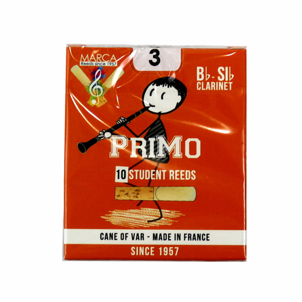 MARCA PRIMO B♭クラリネット リード [3] 10枚入り※商品の性質上、商品の返品・交換はお受け出来ません。高い品質のケーン材を用いつつも、よりビギナーに向けたリードを、というユーザーからの声に応えて開発されたモデルです。コストパフォーマンスにも優れ、演奏技術が未熟な奏者でもコントロールしやすいようにデザインされています。種類：Bbクラリネット（10枚入）　強度：3