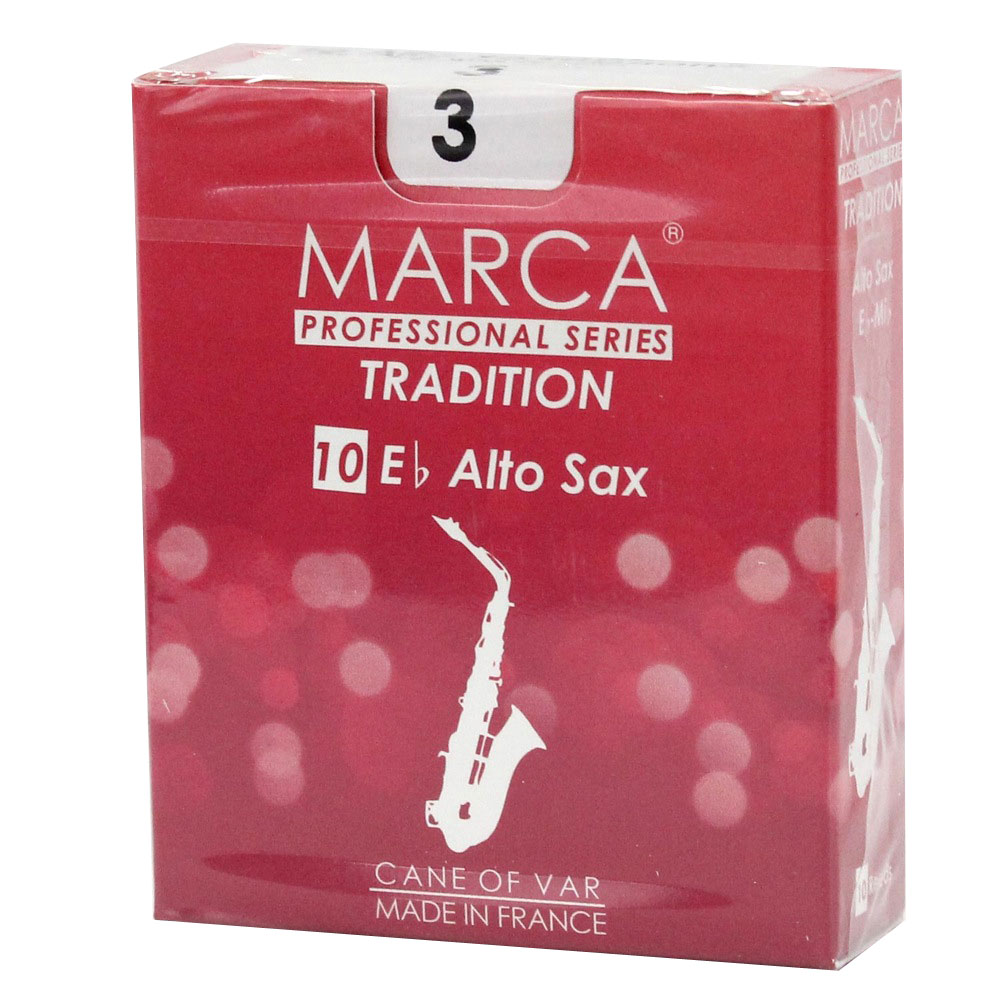 MARCA TRADITION アルトサックス リード [3] 10枚入り※商品の性質上、商品の返品・交換はお受け出来ません。フランス産最上質ケーンの直径の最も厚い部分のみを使用し、ハンドメイドで仕上げている高品質のリードです。ケーンの最も良い部分は、繊維の密度が高く水分の吸収を均等にし、耐久性と最良の音色を長時間保つことができます。マーカ・トラディションリードは、耐久性を考慮したカッティングとリードの先端部を柔軟に設計してあり、落ち着きのあるイントネーションのとりやすい美しい響きが得られます。種類：アルトサクソフォン（10枚入）強度：3