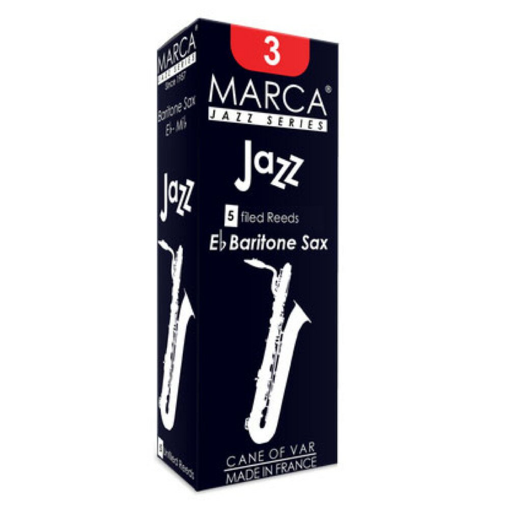 MARCA JAZZ バリトンサックス リード [4] 5枚入り※画像はサンプルです。詳しくは、商品説明をご覧下さい。※商品の性質上、商品の返品・交換はお受け出来ません。ジャズのサックス奏者の要望に応えて、マーカ社の技術陣は、高音域にのびのある音色と全音域にバランスの良い響きの高級リードをデザインしました。これらのカッティングは、手作業による最終仕上を行い、一枚一枚最良の状態に調整しております。耐久性にも優れており、プロフェッショナル・プレイヤー用として威力を発揮しています。種類：バリトンサクソフォン（5枚入）強度：4