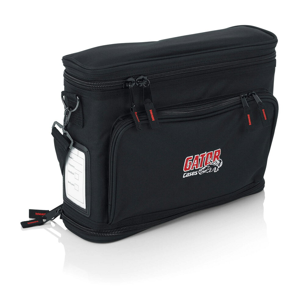 GATOR GM-1W ワイヤレスシステムバッグ。GM-1Wはナイロン製シングルワイヤレスマイク用のケースです。ショルダーはもちろん、側面にはインフォメーションカード用のポケット、更にワイヤレスのアンテナを立てるためのサイドポケットが搭載。上下にチャックが備え付けていることによって、ケースから出さずに操作が可能です。【SPEC】・内寸縦：220mm幅：200mm厚み：50mm・外寸縦：350mm幅：250mm厚み：110mm重量：約1.81kg