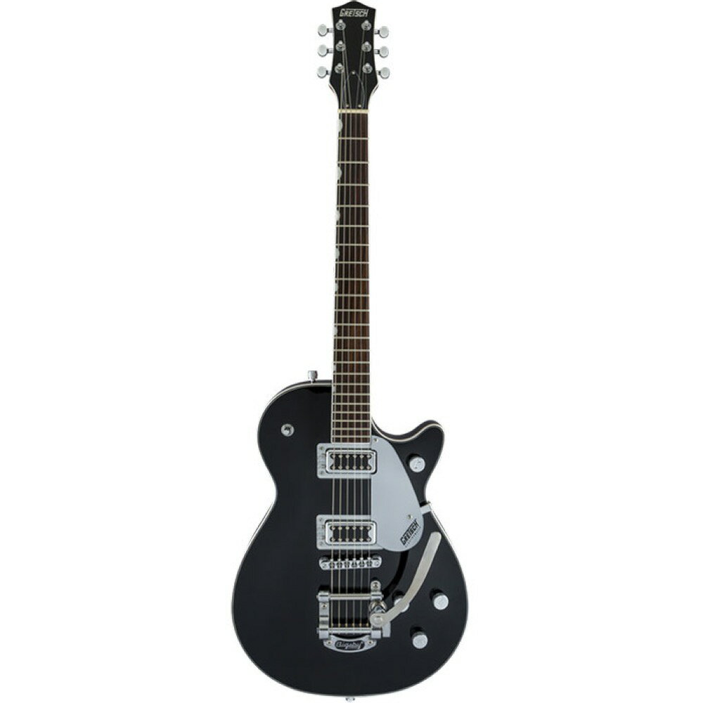 GRETSCH G5230T Electromatic Jet FT Single Cut with Bigsby Black エレキギターエレクトロマティック・コレクションより、チャンバード・ボディ構造を用いたシングル・カッタウェイのJetがリニューアルして登場しました。G5230T Electromatic Jet FT Single-Cut with Bigsbyはアーチド・メイプル・トップ/マホガニー・バックで、フィンガーボードはブラック・ウォルナット、ネック材にもマホガニーを採用したセットネック・ジョイントです。ピックアップは、ブラックトップ・フィルタートロンを搭載し、マスター・ヴォリューム、各ピックアップ・ヴォリューム、マスター・トーンのレイアウトです。加えて、ヴォリュームを絞った際にもフル・ヴォリュームと変わらないトーンを実現するトレブル・ブリード・サーキットを内蔵しています。ブリッジ下のベースを介さずアジャストマティック・ブリッジをダイレクト・マウントしていますので、激しい演奏でもブリッジがズレることはありません。マシンヘッドやGアロー・コントロール・ノブなどのハードウェアはクロームで統一され、ビグスビー・ライセンスドB50ヴィブラート・テイルピースを搭載しています。【Specifications】Body Material：Chambered Mahogany Body with Arched Maple TopBody Shape：JetBody Finish：GlossNeck Material：MahoganyNeck Shape：Thin "U"Scale Length：24.6" (625mm)Fingerboard Radius：12" (305mm)Number of Frets：22Fret Size：Medium JumboString Nut：Synthetic BoneNut Width：1.6875" (43mm)Neck Finish：GlossFingerboard：Black WalnutPosition Inlays：Pearloid Neo-Classic ThumbnailBridge Pickup：Blacktop Filter'TronNeck Pickup：Blacktop Filter'TronControls：Volume 1. (Neck Pickup)，Volume 2. (Bridge Pickup)，Master VolumePickup Switching：3-Position Toggle: Position 1. Bridge Pickup，Position 2. Bridge And Neck Pickups，Position 3. Neck PickupBridge：Anchored Adjusto-MaticTuning Machines：Diecast with small ButtonPickguard：Silver Plexi with Black Gretsch LogoControl Knobs：G-ArrowStrings：NPSColors：Black