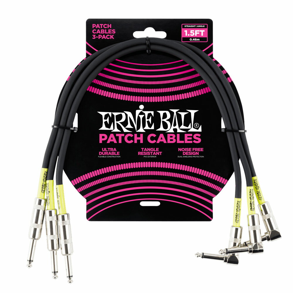 アーニーボール ERNIE BALL 6076 1.5’ STRAIGHT/ANGLE PATCH CABLE 3-PACK BLACK パッチケーブル 3本セット