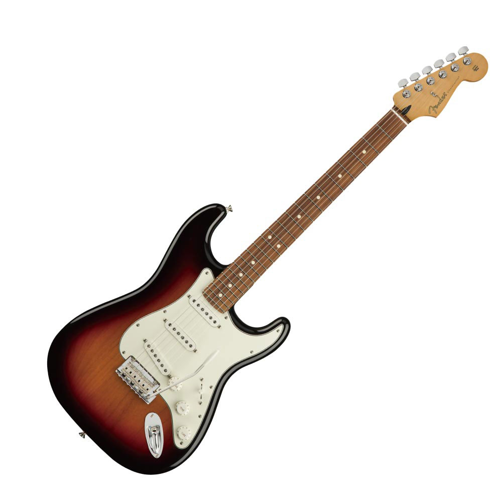 Fender Player Stratocaster PF 3TS エレキギターStratocasterの印象的なサウンドは、フェンダーの看板的な特徴のひとつです。鳴りの良いハイエンド、パンチの効いたミッド、力強いローエンドといったクラシックサウンドに、クリスタルクリアなアーティキュレーションを加えた、フレキシブルなサウンドのPlayer Stratocasterは、正統的なフェンダーのフィーリングとスタイルを持つギターです。あらゆるスタイルに対応する多様性を備え、どのような音楽的ビジョンも叶えてくれます。独自のサウンドを作り出すためのパーフェクトなプラットフォームといえます。伝統を重んじながら革新的なスピリットを維持するPlayerシリーズのシングルコイルピックアップは、クリアでパワフルなサウンドを出力します。スムーズなフィニッシュで弾きやすい“モダンC”シェイプのメイプルネックは、あらゆるプレイスタイルにフィットします。モダンな9.5インチラジアスのフィンガーボードに打ち込まれたミディアムジャンボフレットは22フレットに拡張され、さまざまな音楽的表現を可能としています。ポストとの摩擦を軽減するデザインにアップデートされた2ポイントトレモロが、スムーズな弾き心地を実現すると同時に、チューニングの安定性を格段に高めました。さらに、マスターボリュームとトーンコントロール、5Wayピックアップスイッチ、3層ピックガード、シンセティックボーンナット、デュアルウィングストリングツリー、シールドチューニングマシン、“F”の刻印入りの4ボルトのネックプレートが、本物のフェンダーを象徴しています。Player Stratocasterは、自分だけのトーンを手に入れ、新しい何かを生み出すのに最適なギターです。【SPECIFICATIONS】ボディ：Alderボディフィニッシュ：Gloss Polyesterボディシェイプ：Stratocasterネック：Mapleネックフィニッシュ：Satin Urethane Back with Gloss Headstock Faceネックシェイプ：Modern "C"スケール：25.5" (648 mm)フィンガーボード：Pau Ferroフィンガーボードラジアス：9.5" (241 mm)フレットナンバー：22Frets Size：Medium Jumboナット：Synthetic Boneナット幅：1.650" (42 mm)ポジションインレイ：White Dotsトラスロッド：Standardトラスロッドレンチ：3/16" Hex (Allen)ブリッジピックアップ：Player Series Alnico 5 Strat Single-Coilミドルピックアップ：Player Series Alnico 5 Strat Single-Coilネックピックアップ：Player Series Alnico 5 Strat Single-Coilコントロール：Master Volume, Tone 1. (Neck/Middle Pickups), Tone 2. (Bridge Pickup)ピックアップスイッチ：5-Position Blade: Position 1. Bridge Pickup, Position 2. Bridge and Middle Pickup, Position 3. Middle Pickup, Position 4. Middle and Neck Pickup, Position 5. Neck Pickupピックアップコンフィギュレーション：SSSブリッジ：2-Point Synchronized Tremolo with Bent Steel Saddlesハードウェアフィニッシュ：Nickel/Chromeチューニングマシーン：Standard Cast/Sealedピックガード：3-Ply Parchmentコントロールノブ：Parchment Plasticストリング：Fender USA, NPS, (.009-.042 Gauges)カラー：3-Color Sunburst【FP_ST】