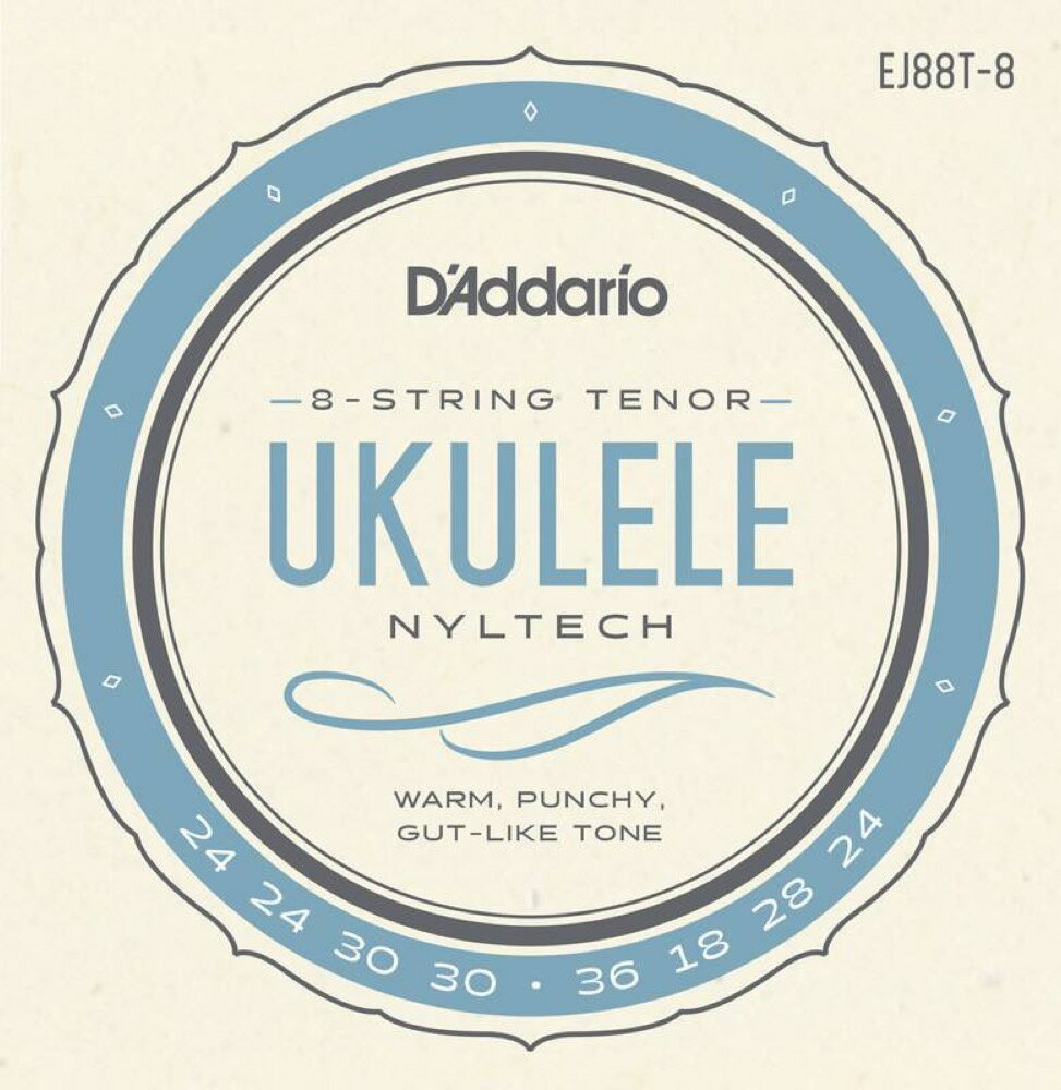 D'Addario EJ88T-8 Nyltech Ukulele strings 8-String Tenor 8弦テナーウクレレ用弦 セット弦■D'Addario 6 & 8 String Nyltech Ukulele StringsD'Addario Nyltechシリーズから新たに 6弦、8弦ウクレレ用の弦が登場です。Aquila社と共同開発にて生まれた Nyltechは、ウォームでガット弦のようなトーンが特徴です。ほかのウクレレ弦では得られない正確なイントネーションとチューニング安定性を兼ね備えています。 D'Addario Nyltechシリーズ初となる6弦 /8弦テナーウクレレ用弦 ガット弦のようなトラディショナルなウォームサウンド それぞれ 6弦 /8弦ウクレレ専用に設定されたテンション値により、最適なトーンとプレイアビリティの実現 他のウクレレ弦では得られない D'Addario Nyltech弦特有の正確なイントネーションとチューニング安定性を実現EJ88T-8Nyltech Ukulele strings, 8-String Tenorg