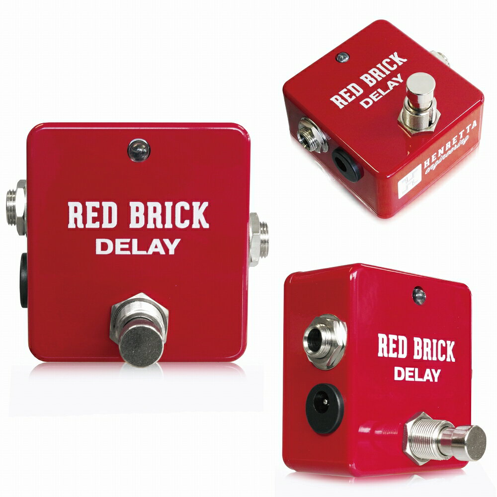 Henretta Engineering Red Brick Delay ディレイ ギターエフェクターHenretta Engineering Red Brick Delayは、ノブのない小型筐体を使用した450msまでのデジタルディレイペダルです。5.0cm×5.0cmの小型筐体、ペダルボードでも場所を取らずにディレイエフェクトをかけることができます。ノブではなく内部トリムポットでエフェクトパラメータを設定するため、一度設定したセッティングを変えず、いつでも同じセッティングでディレイを使えます。この小さな筐体の中にはPT2399ディレイチップを使用したディレイエフェクトを内蔵。ドライシグナルは一切デジタルに変換されることのないアナログドライスルー構造で、そこにデジタルディレイサウンドがミックスされます。フットスイッチを踏めばエフェクトのON/OFFを切替えます。エフェクトON時はLEDはインジケータが点灯し、エフェクトOFF時はトゥルーバイパスとなります。・内部コントロールTime：ペダルを裏返し、フットスイッチを手前にして置いた際、回路基板の左上にあるトリムポットです。反時計回り最小では数ミリ秒、時計回り最大設定では450msまでのディレイタイムを設定できます。Repeats：ペダルを裏返し、フットスイッチを手前にして置いた際、回路基板の右上にあるトリムポットです。ディレイエフェクトのリピート回数を設定するもので、反時計回り最小設定では1回となり、時計回りにまわしていくとリピート回数が増えていきます。Toneトリムポットの設定によっては、早い段階から発振をさせることもできます。Tone：中央付近にあるトリムポットです。時計回りに回すことで中域〜高域がブーストされます。Level：ペダルを裏返し、フットスイッチを手前にして置いた際、回路基板の右下にあるトリムポットです。このポットはシンプルにディレイエフェクトの音量を調整します。ドライシグナルには影響しません。各コントロールの初期設定は、スタンダードなスラップバックエコートーンに設定されていますが、各コントロールの組み合わせにより、多彩なディレイサウンドを作ることができます。・スペシフィケーション構成：Red Brick Delayは、通常LEDがある方を奥に、フットスイッチが手前に来るように設置します。このとき、インプットジャックは右側に、アウトプットジャックが左側になります。DCインプットジャックは左側になります。電源：Red Brick Delayは、スタンダードなセンターマイナスの9VDCアダプタで動作します。電池はお使いになれません。Current Drawは30mAです。